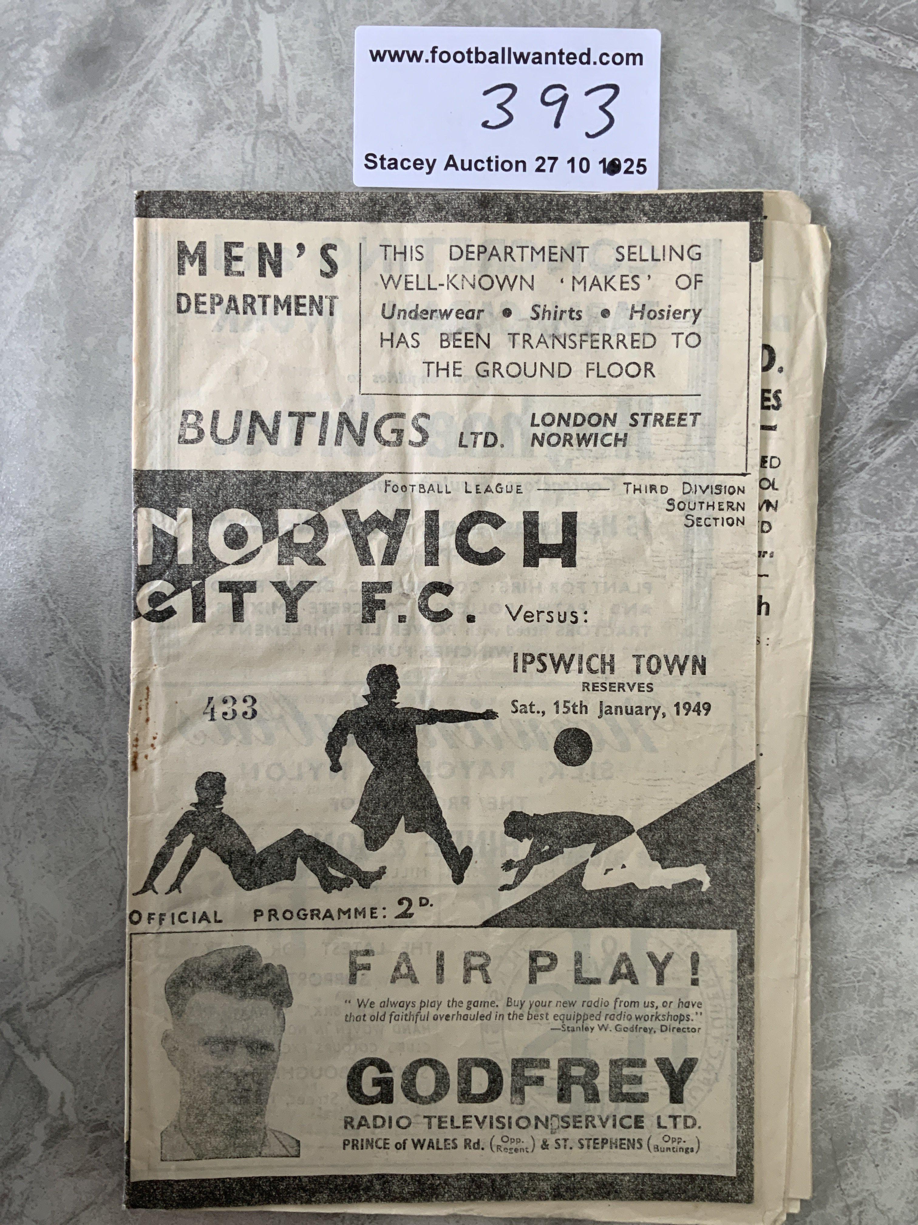 48/49 Norwich City Reserves v Ipswich Football Programme: Football Combination with team changes dated 15 1 1949. Good.