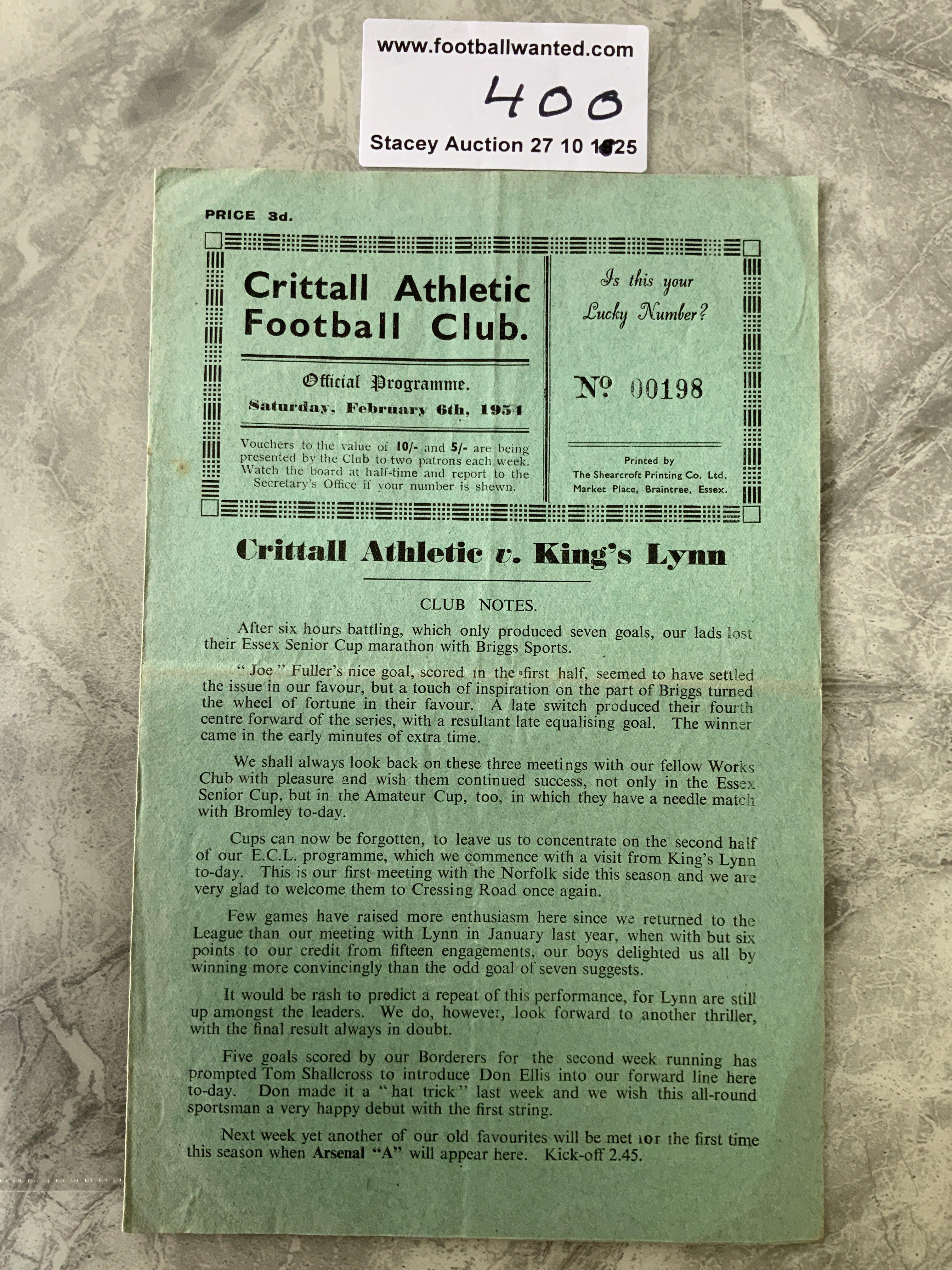 53/54 Crittall v Kings Lynn Football Programme: Eastern Counties League with team changes dated 6 2 1954. Very good with light fold.