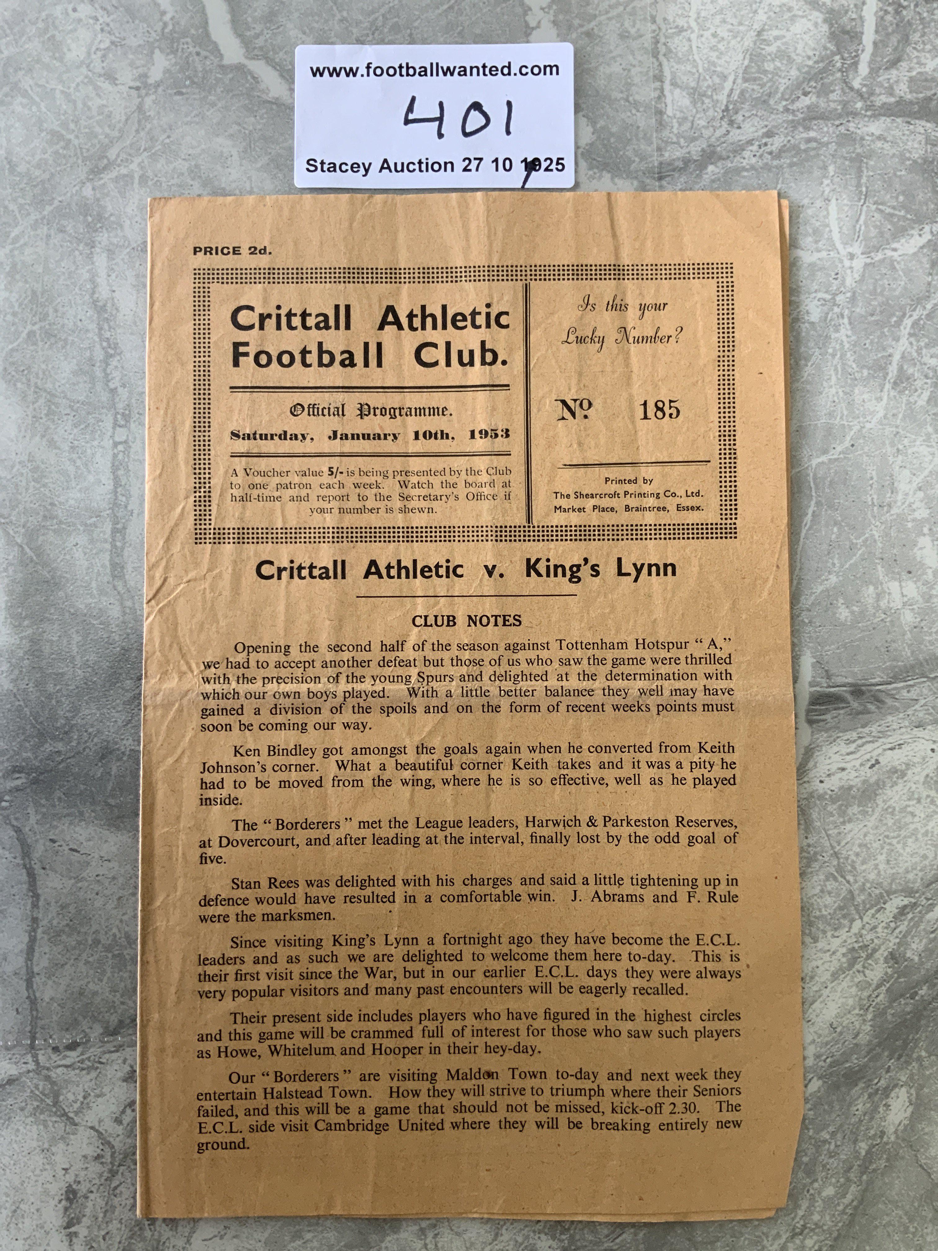 52/53 Crittall v Kings Lynn Football Programme: Eastern Counties League with team changes dated 10 1 1953. Good with fold.