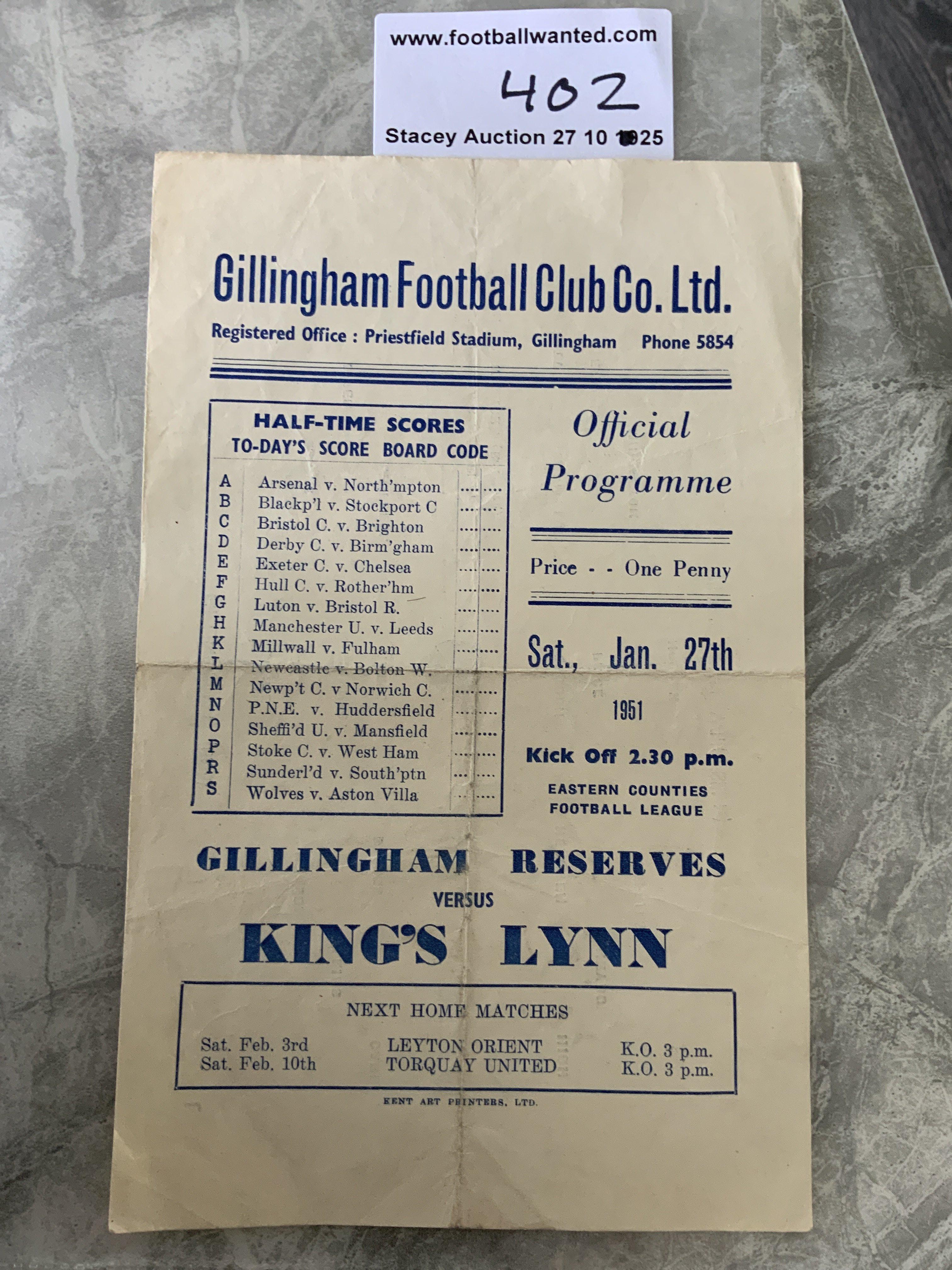 50/51 Gillingham Reserves v Kings Lynn Football Programme: Eastern Counties League single sheet with no team changes dated 27 1 1951. Very good with fold. Gillinghams first season back in the league.
