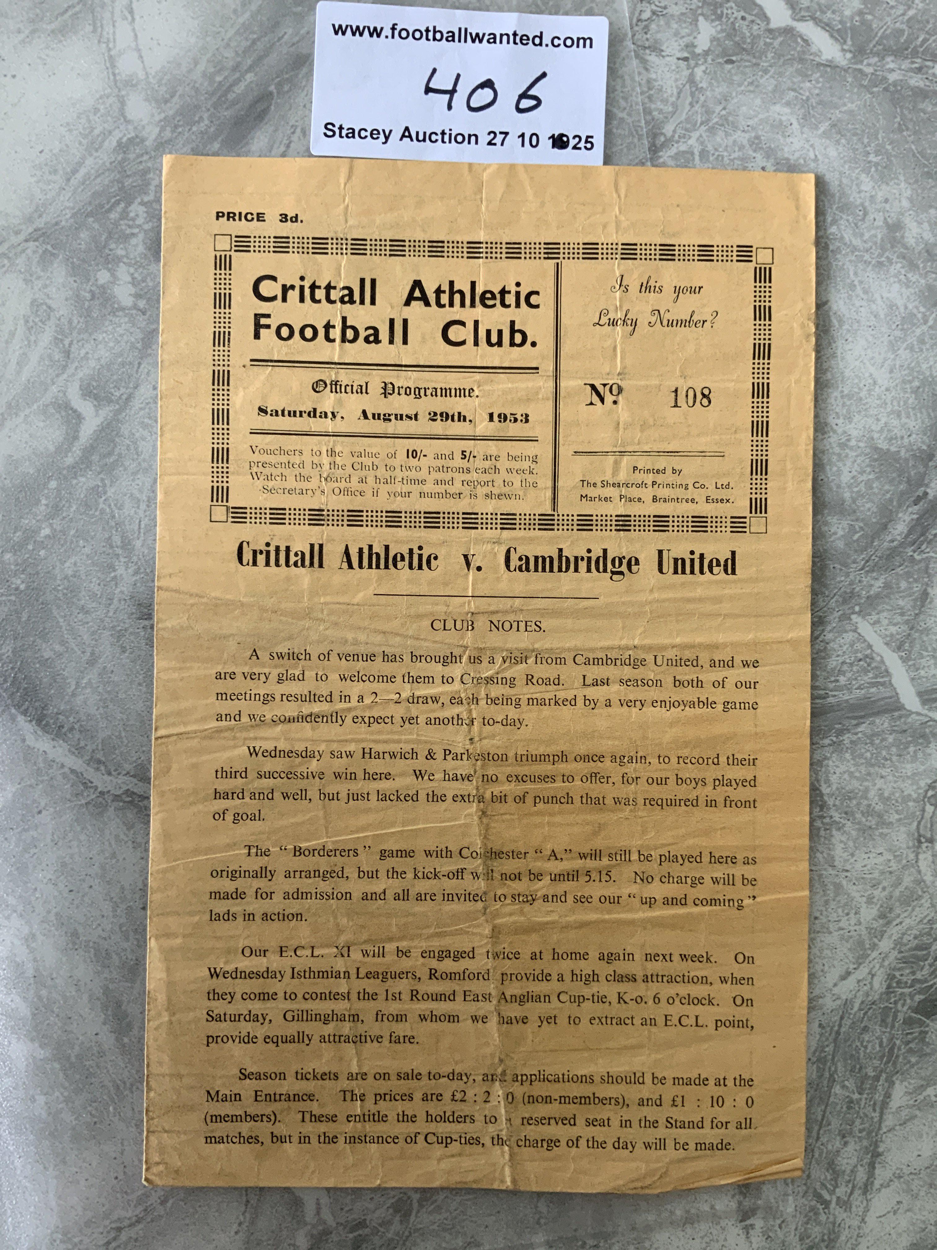 53/54 Crittall v Cambridge United Football Programme: Eastern Counties League match with team changes dated 29 8 1953. Fair/good with creasing.
