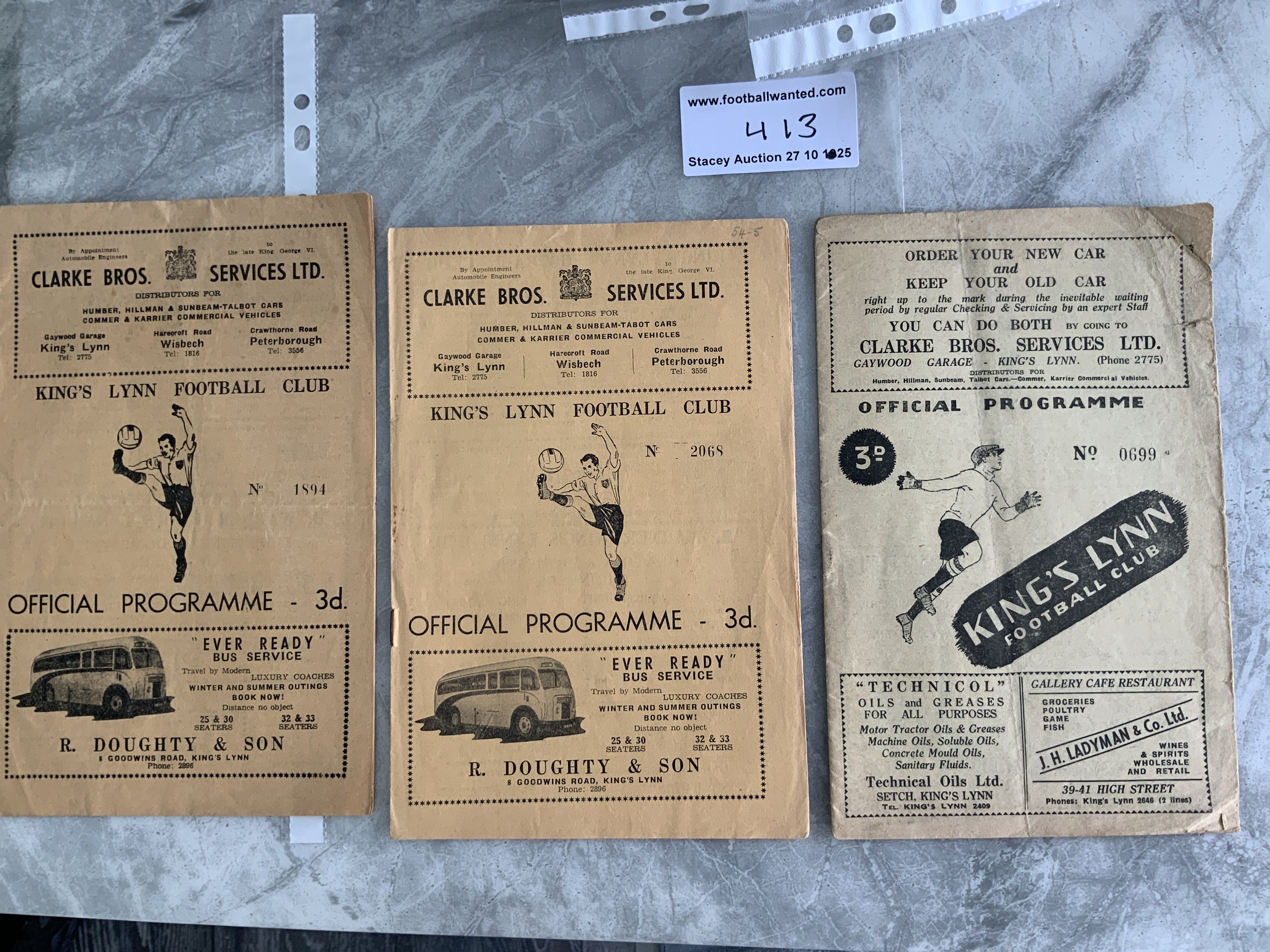 Kings Lynn Home Football Programmes: 50/51 Nuneaton Curley Cup Final fair, 54/55 Hull Midland League, Thetford Norfolk Senior Cup. Very good unless stated. (3)
