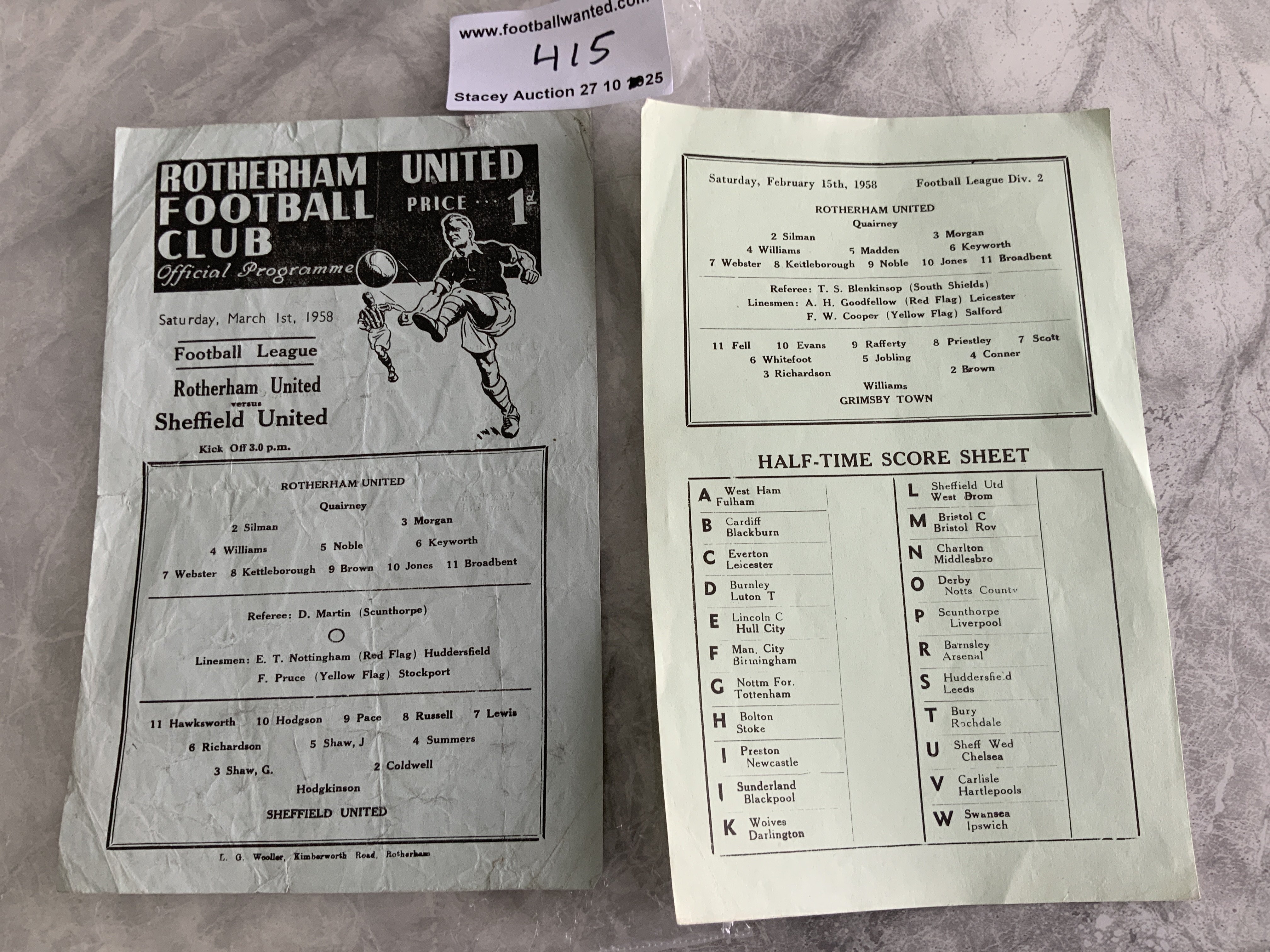 Rotherham 1950s Home Football Programmes: Includes 57/58 single sheet v Grimsby excellent, Sheffield United very creased. Usual style from 55/56 to 59/60 with a few having faults or pen to cover. (31)