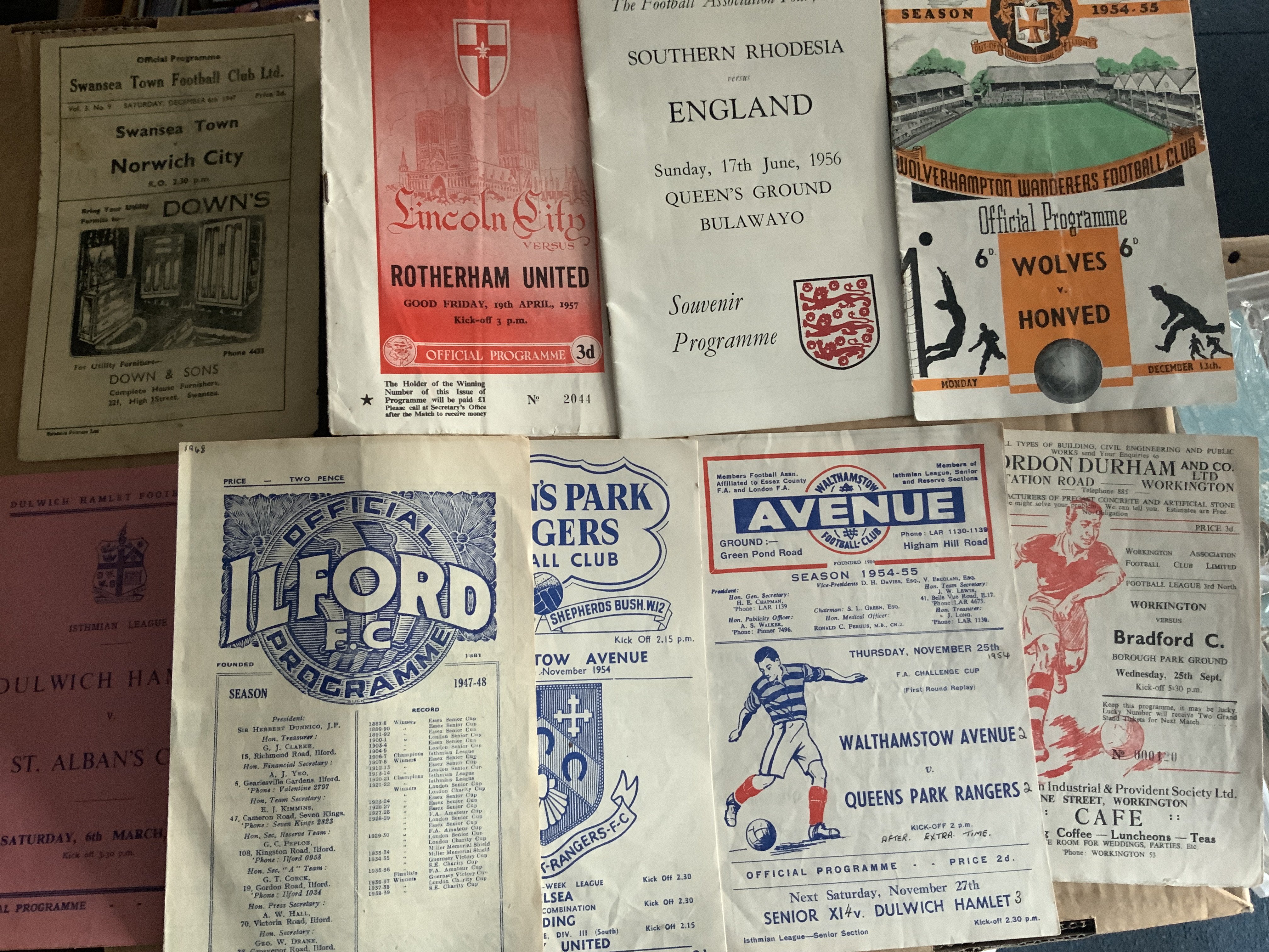 Football Programme Selection: Wide ranging to include from 47/48 2 non league, Swansea v Norwich, QPR sof, 54/55 Walthamstow v QPR FA Cup at both grounds, 57/58 Workington v Bradford City, Lincoln v Rotherham, 1956 South Rhodesia v English FA, 54/55 Wolves v Honved, Scottish League v Irish League, 61/62 at Wimbledon Isthmian League v Iceland. Fair/good. (12)