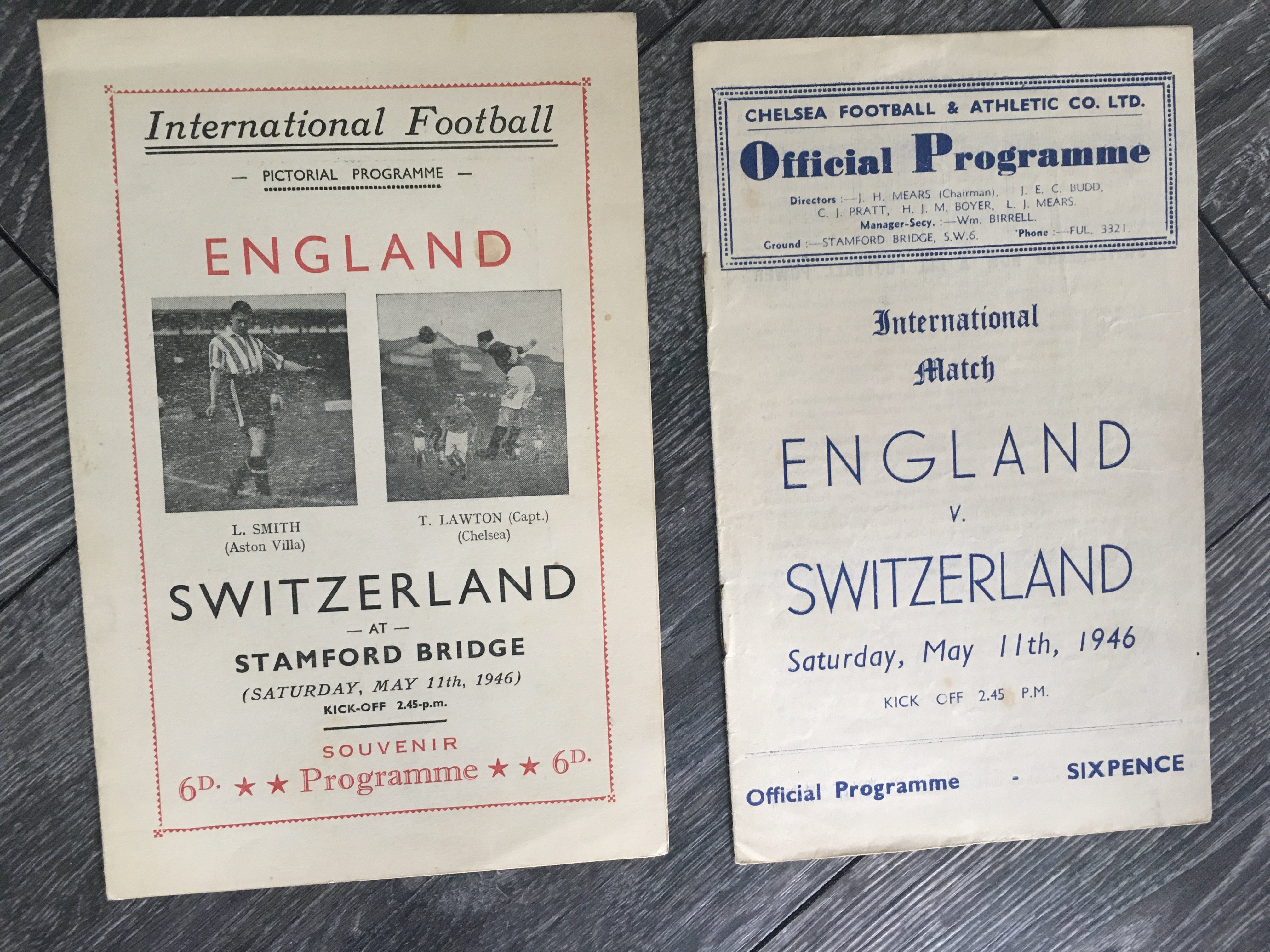 1940s England International Football Programmes: Home v 1946 Switzerland at Chelsea official and pirate, 1949 Italy at Tottenham signed inside by goalkeeper Bert Williams and away 1948 v Scotland. Very good with only the pirate having team changes. (4)