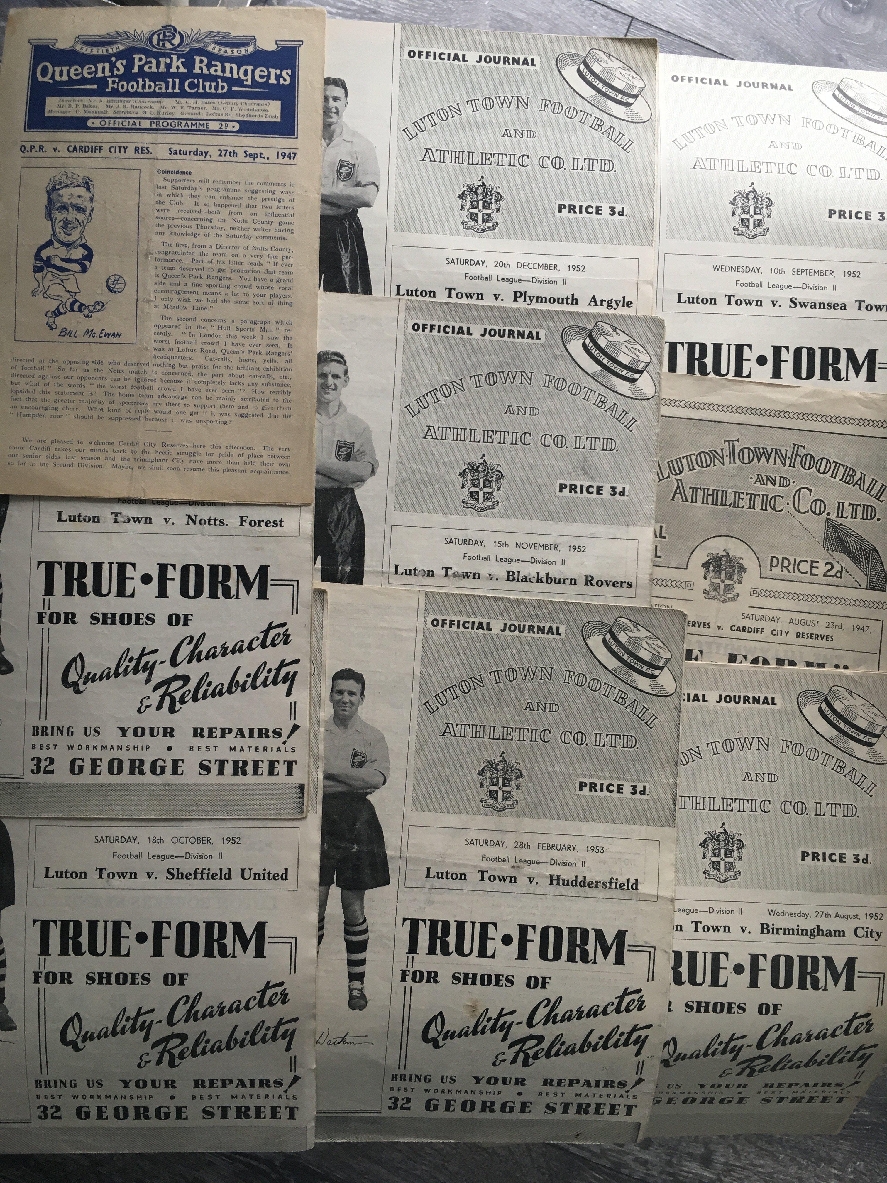 Luton Town Home Football Programmes: 7 programmes from 52/53 with faults at staple area due to rust. C/W 47/48 Cardiff City reserve aways at Luton and QPR. (9)