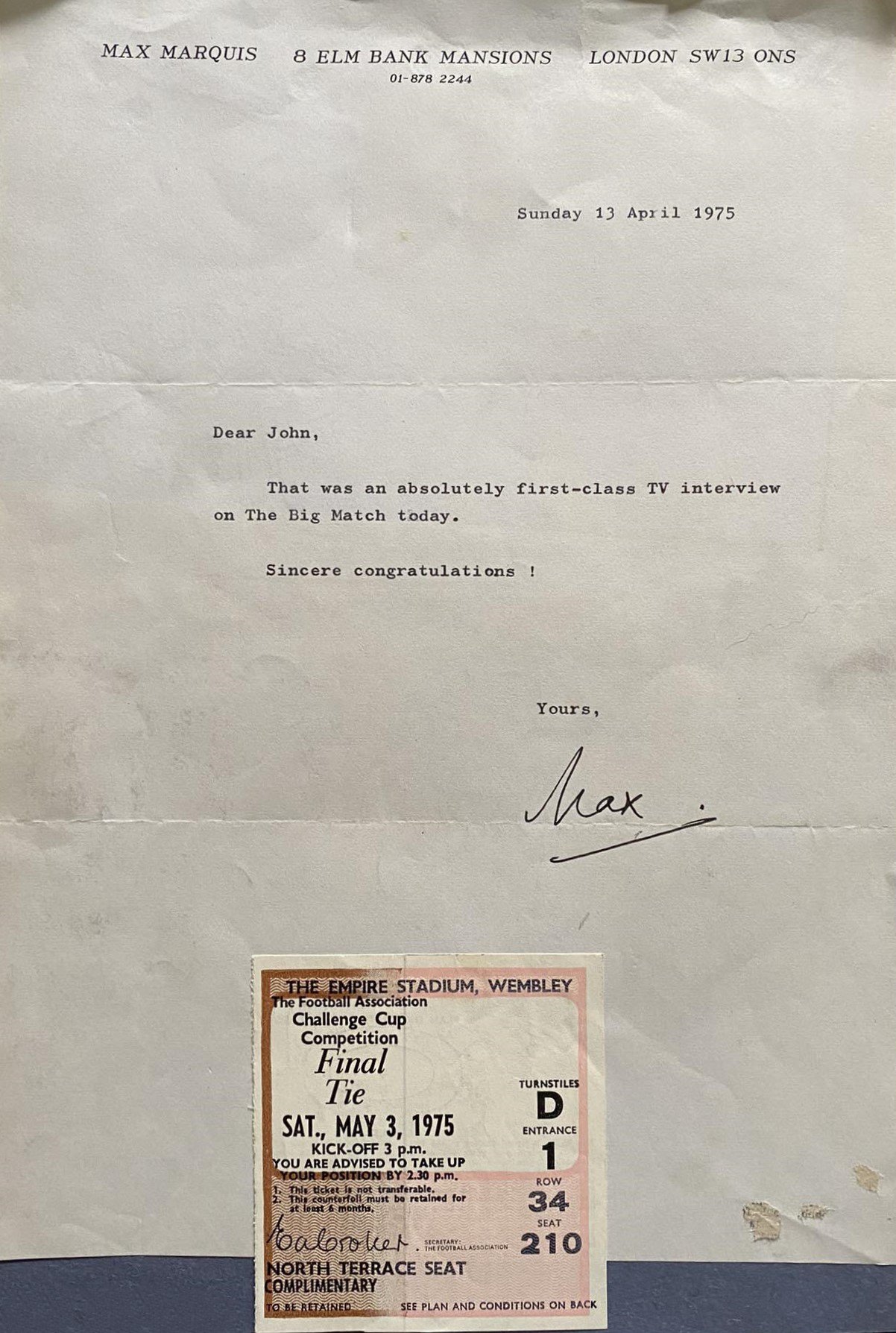 John Lyalls Family West Ham Football Scrapbook extracted into a pocket folder. Compiled by his wife Yvonne from the time Lyall was appointed Greenwoods right hand man from 1970 up to the 1975 FA Cup Final. Unsigned copies of both 1975 FA Cup Semi Finals it also includes letters, telegrams and cards from many including Brian Moore, Gordon Jago, Luton Town, Sunday Telegraph, and Kenny Ball. Also, C/W two Newspaper 1975 FA Cup Final Souvenir editions and a letter from the author Max Marquis with a cup final ticket stub attached. There are 25 individual pieces in this unique one-off collection that is a piece of West Ham history.