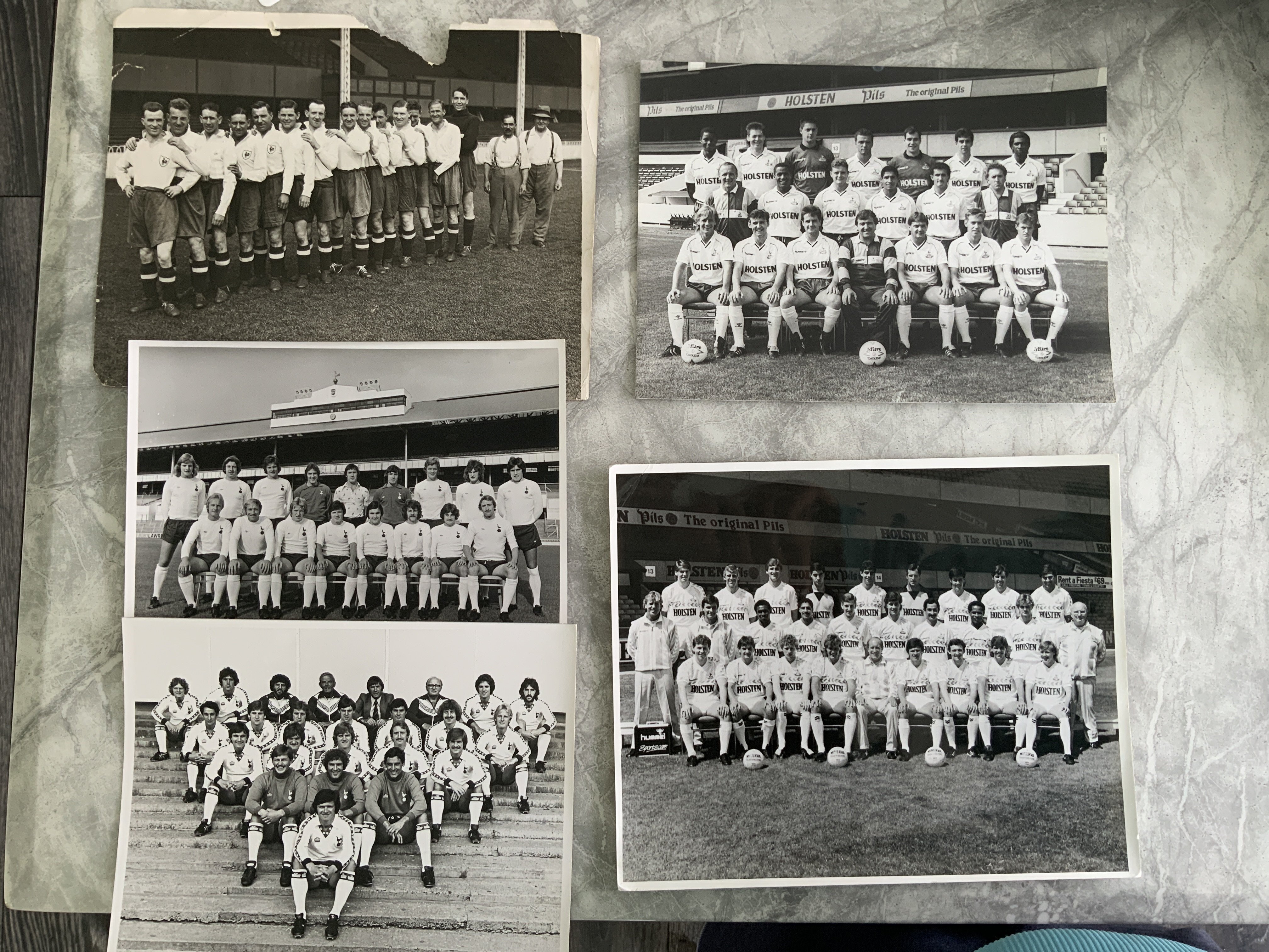 Tottenham Team Group Press Photos: Damaged 1929 group which could be trimmed and wont affect players picture. C/W team groups for 76/77 79/80 86/87 and 88/89. Excellent unless stated with press stamps to rear. (5)