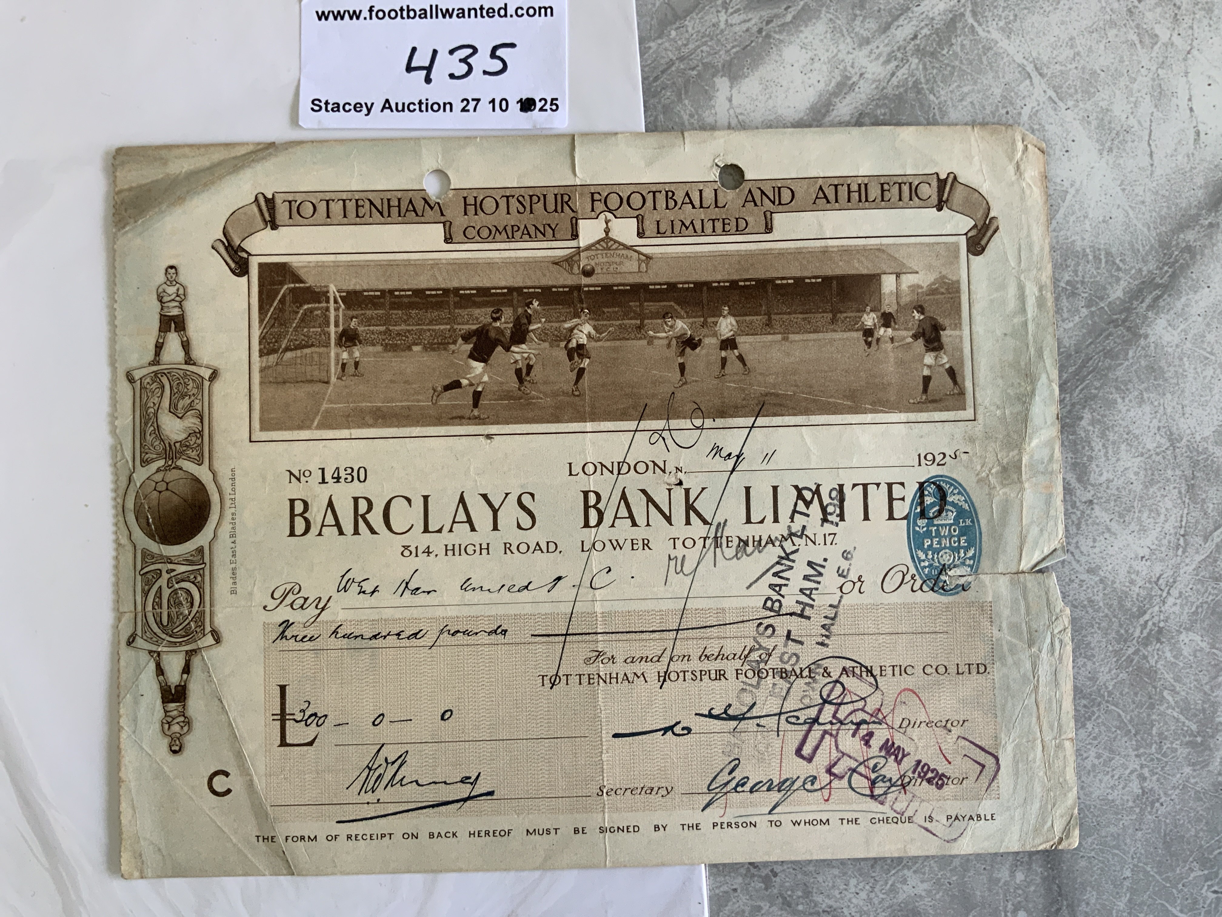 1925 Tottenham Cheque Payable To West Ham: Superb pictorial cheque with a scene of a match at White Hart Lane payable to West Ham for 3 hundred pounds.