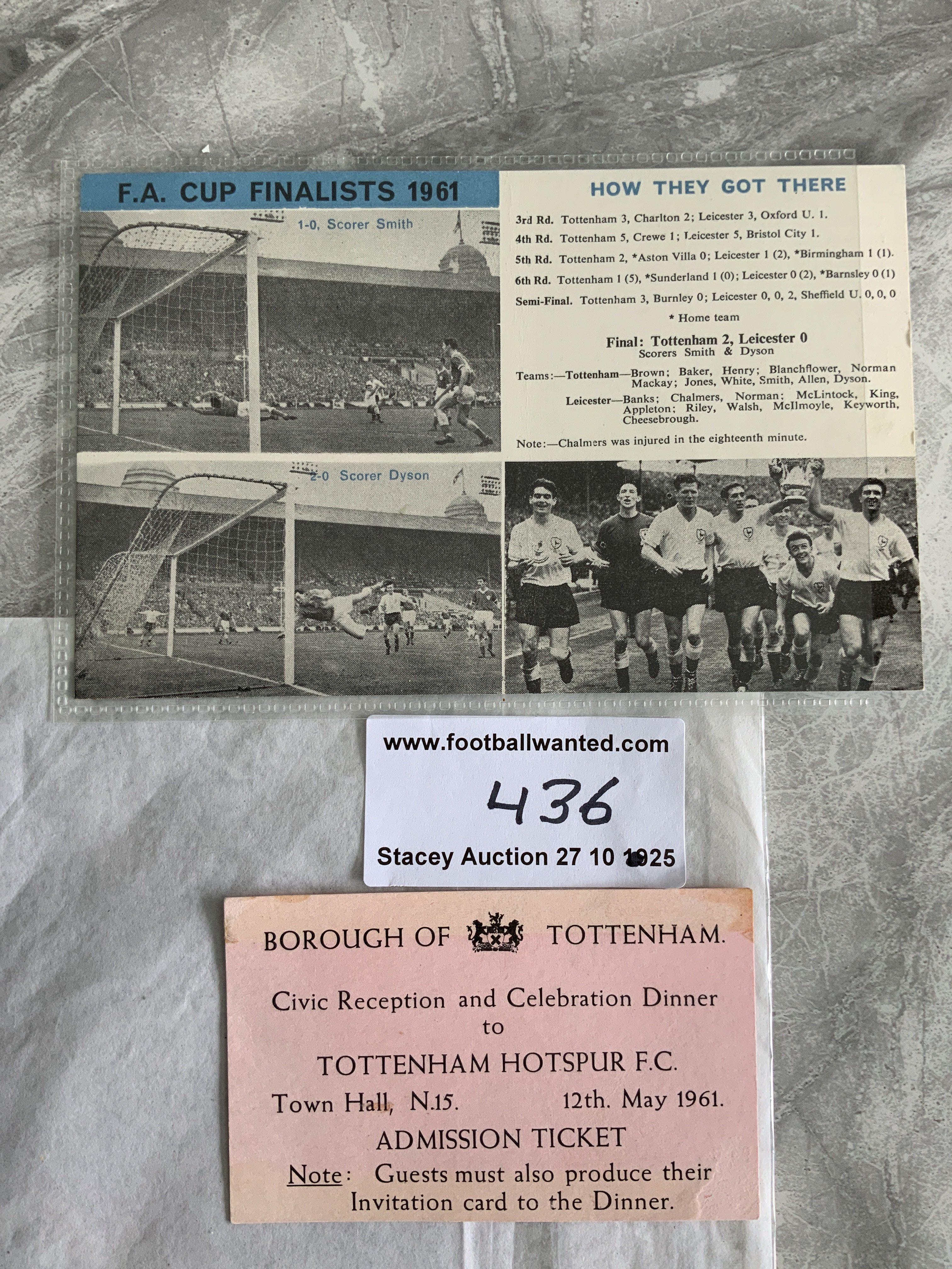 Tottenham 1961 Double Football Memorabilia: Rare ticket for the civic reception at the Town Hall on 12 5 1961 to celebrate the double. C/W How they got there postcard listing the route to the FA Cup final with pictures one side and results of the 1962 3rd round filled in to rear. (2)