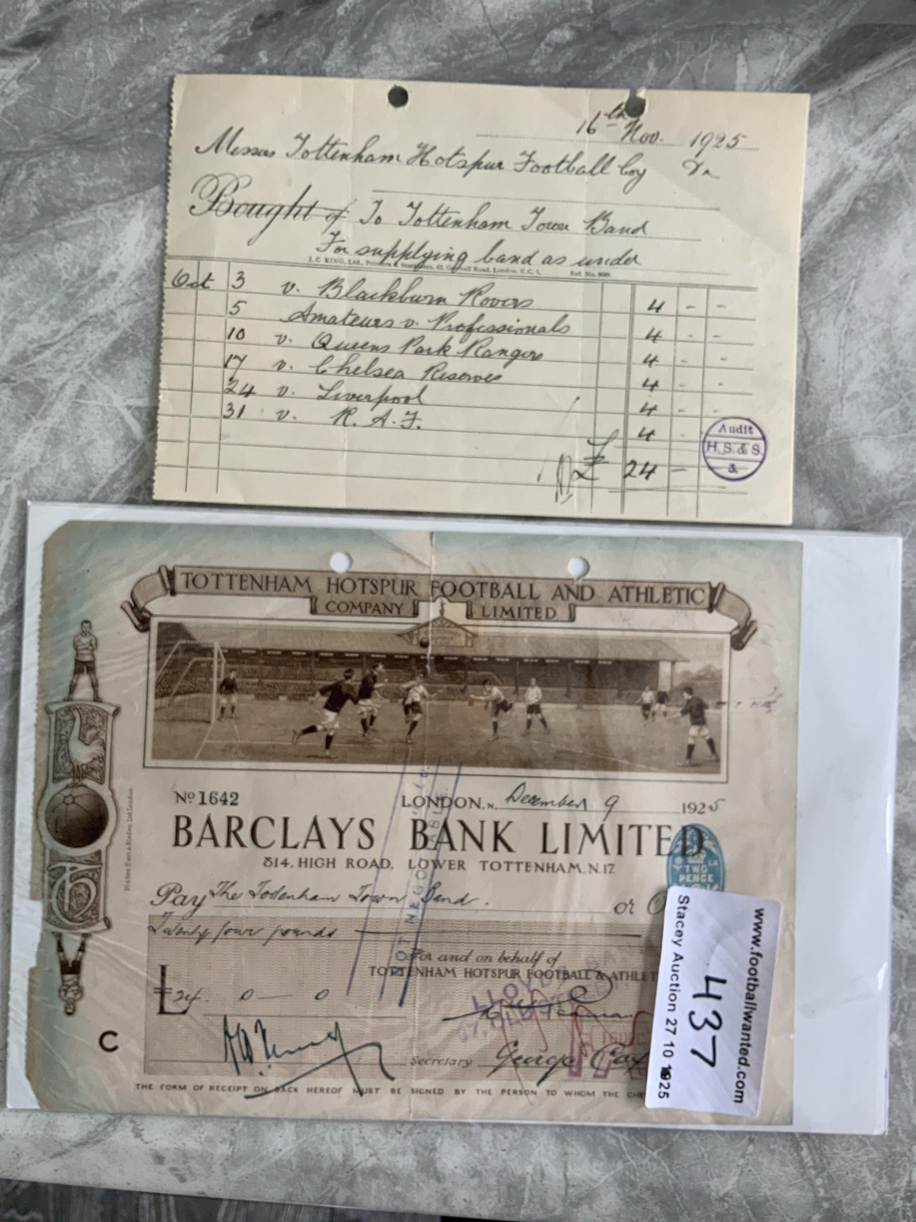 Tottenham 1925 Pictorial Cheque + Receipt: Stunning cheque written by Tottenham to the Tottenham Town Band for 24 pounds for playing at 6 matches at 4 pounds per visit and receipt states which matches. Cheque has a scene from White Hart Lane. Nice. Items. (2)