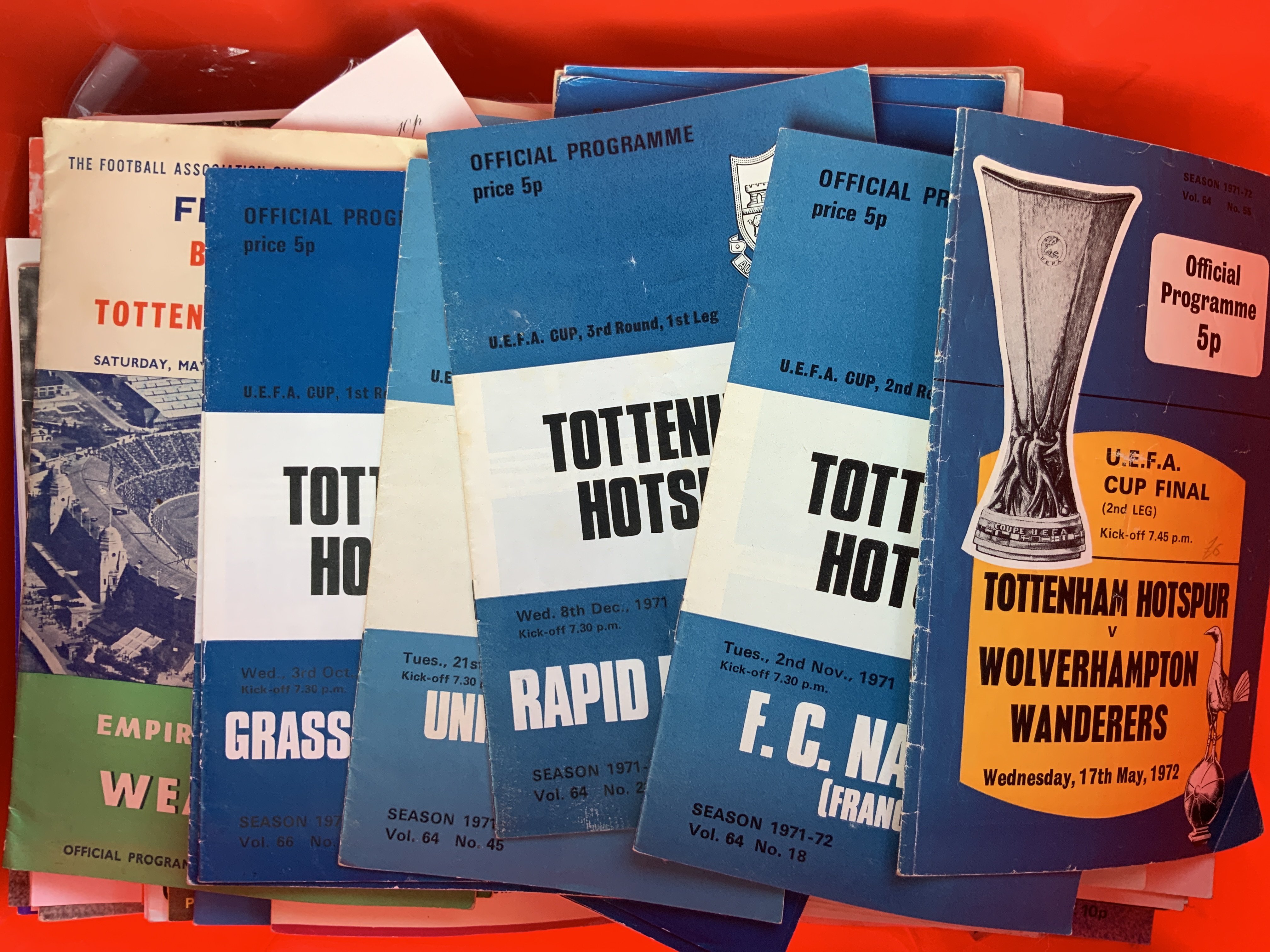 Tottenham Football Memorabilia Boxes: Quantity of home programmes from the 60s and 70s plus Spurs Monthly magazines and a few books. ( 3 boxes )