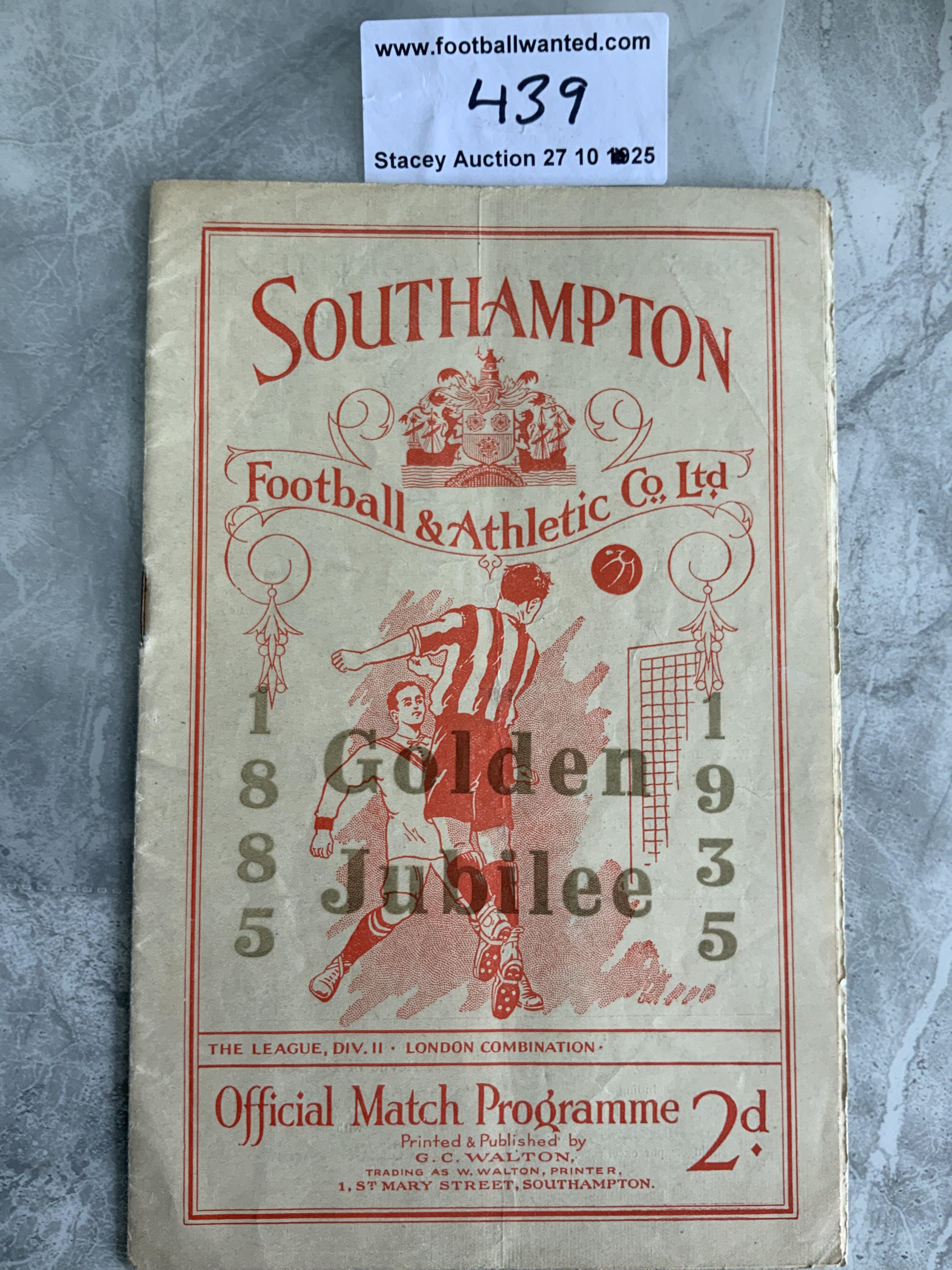 35/36 Southampton v Tottenham Football Programme: 2nd Division match in very good condition with no team changes. Golden Jubilee cover.