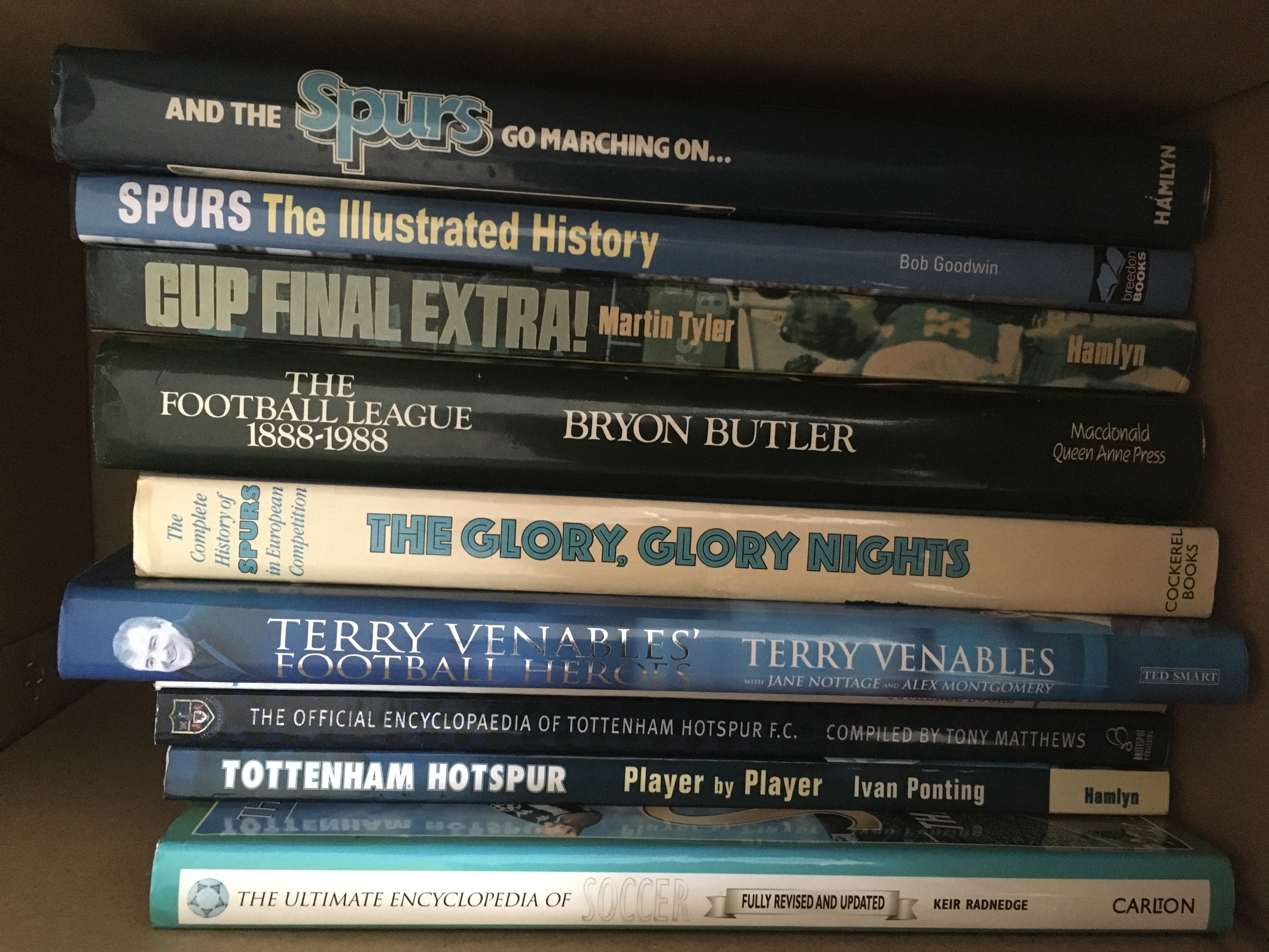 Tottenham Football Book Collection: Superb private collection of mainly hardbacks in good condition to include Breedon History, Glory Glory Nights, Spurs Go Matching On, The Glory Game plus many autobiographies. Signed books include Jones Lineker Fenwick all undedicated and an Nicholson dedicated to David. Instructions to sell. ( Est 100)