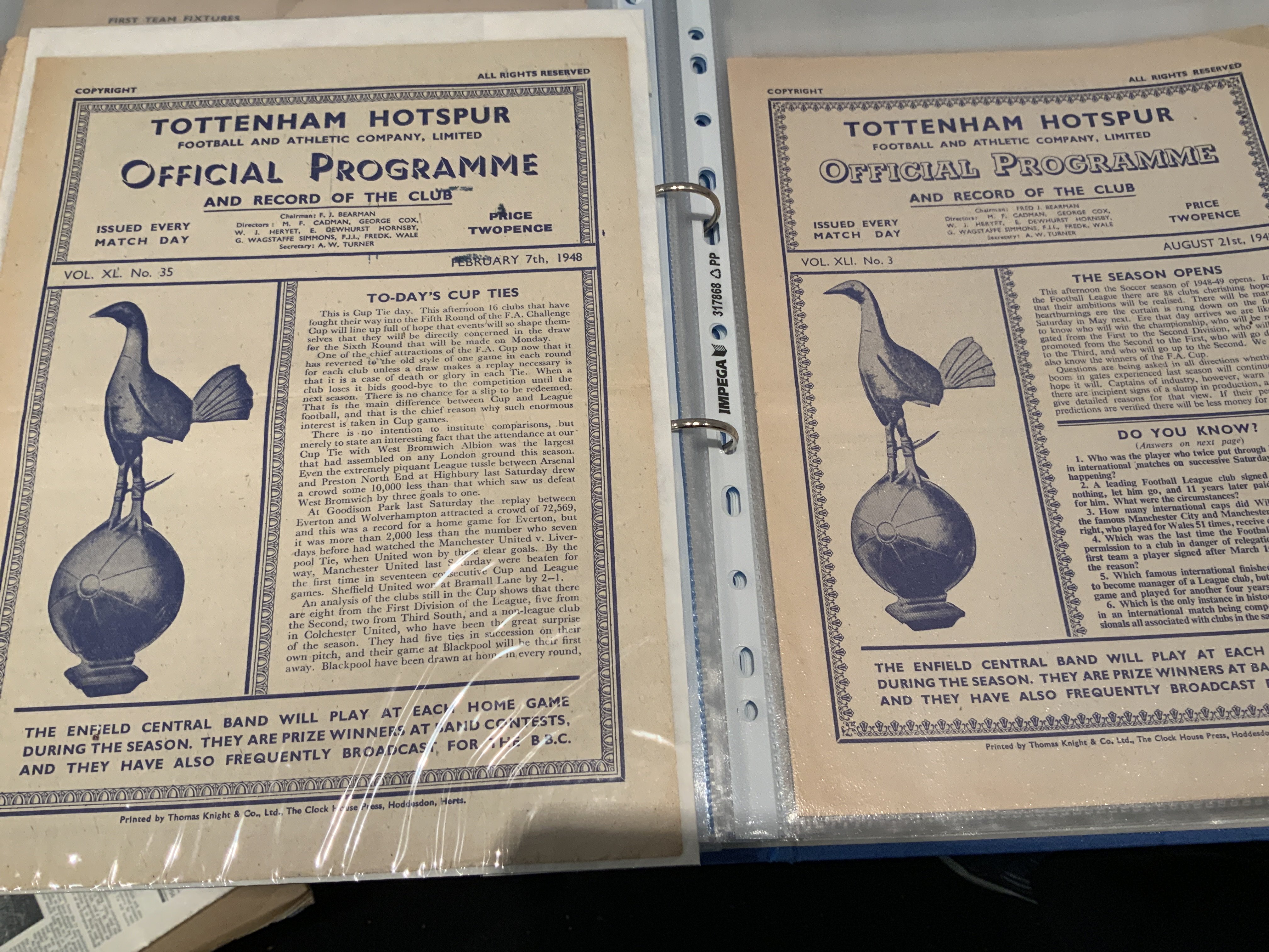 Tottenham 46/47 - 54/55 Home Football Programmes: 46/47 x 3, 47/48 x 4 including Southampton away, 48/49 x 7, 49/50 x 12, 50/51 x 8, 51/52 x 12, 52/53 x 14, 53/54 x 21, 54/55 x 25. Fair/good. (106)
