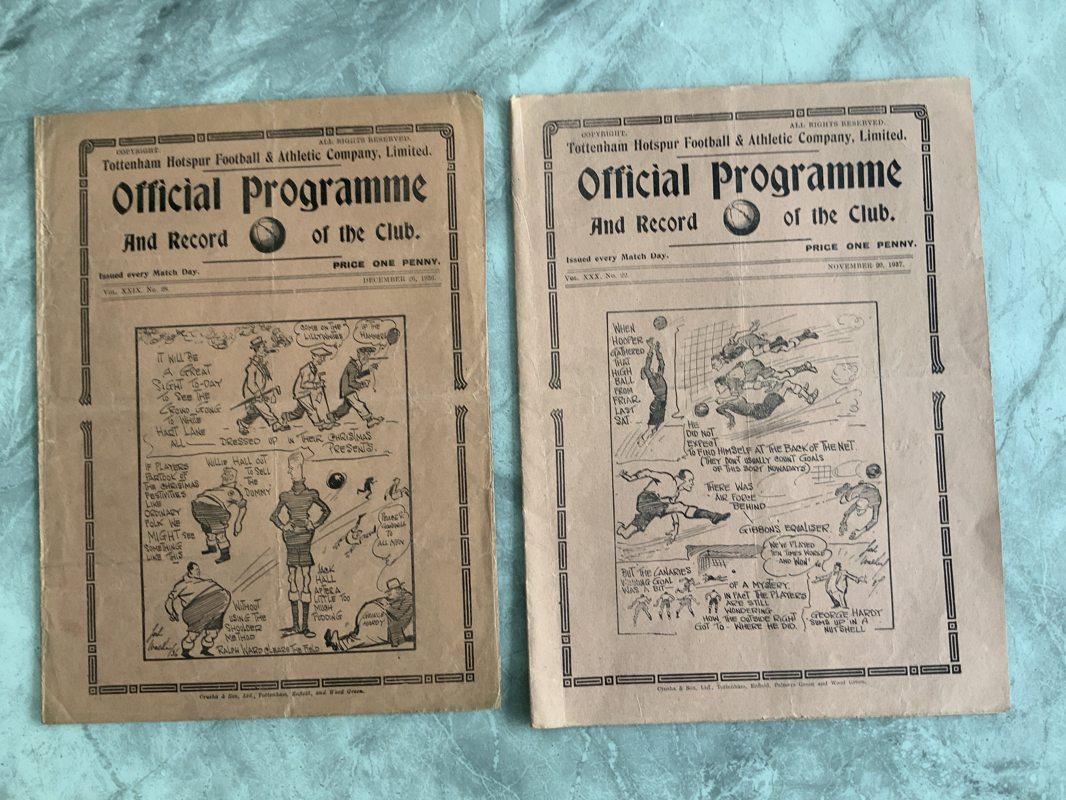 1930s Tottenham v West Ham Football Programmes: League division two matches from 36/37 and 37/38 in good condition with no team changes. (2)