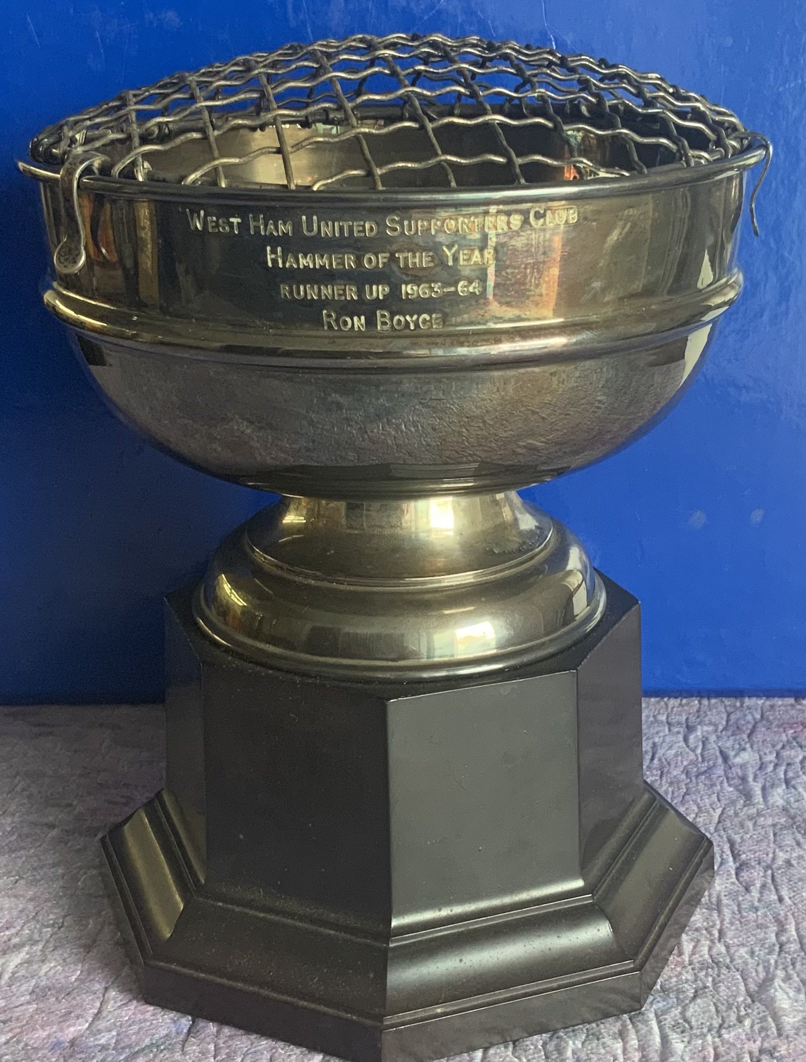 Ron Boyce West Ham 1964 Hammer Of The Year Runners Up Trophy: Seven inch high trophy engraved with 1963 - 1964 West Ham Supporters Club runner up Ron Boyce. Metal is tarnished but otherwise in excellent condition.