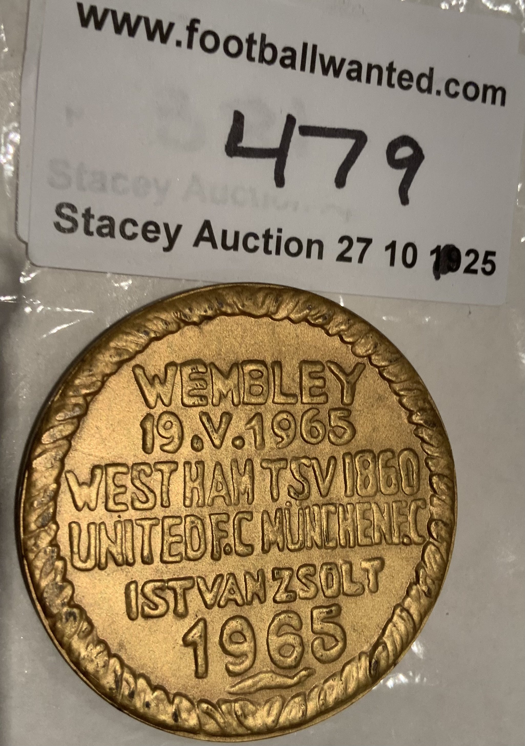 Ron Boyce West Ham 1965 European Cup Winners Cup Fair Play Medal: Awarded by UEFA to both sets of players after the final as recognition for fair play. Rare large 2 inch medal in good condition.