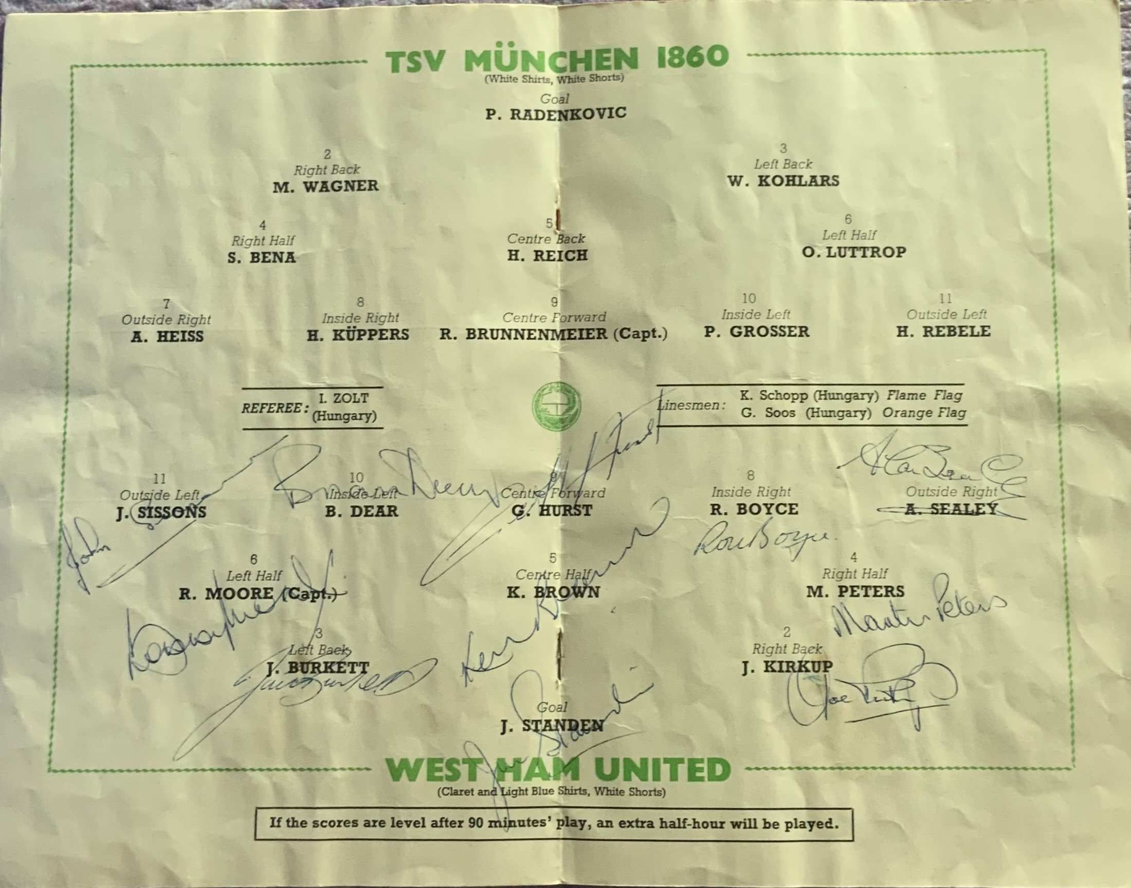Ron Boyce West Ham Signed European Cup Winners Programme: Official 1965 programme signed to centre page by the team that won West Hams first European trophy. Signatures include Moore, Peters and Hurst as well as Boyce, Dear, Burkett and many more. Programme shows signs of water damage throughout and is in poor condition but signatures and centre page are not affected.