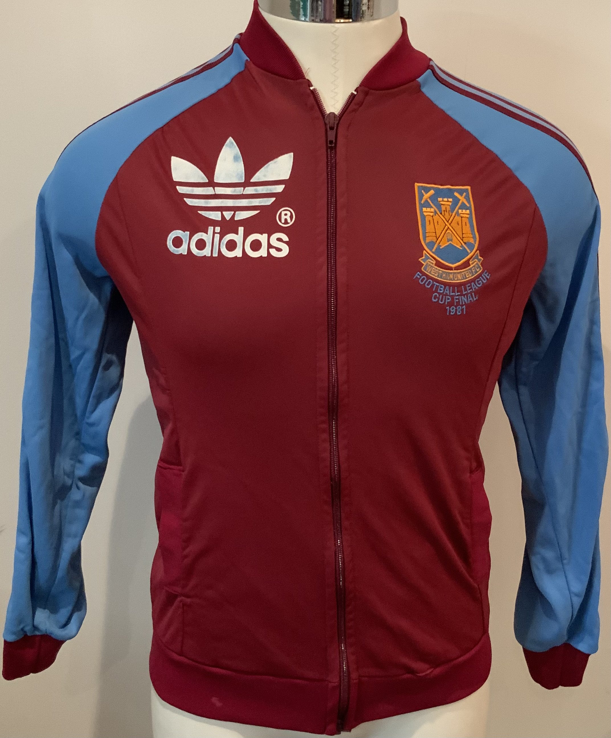 West Ham 1981League Cup Final Track Suit Top: Frank Lampards Adidas top from the Final at Wembley which was given to Ron Boyce his friend and assistant manager. In very good condition. No label to collar which we believe is standard for this match.