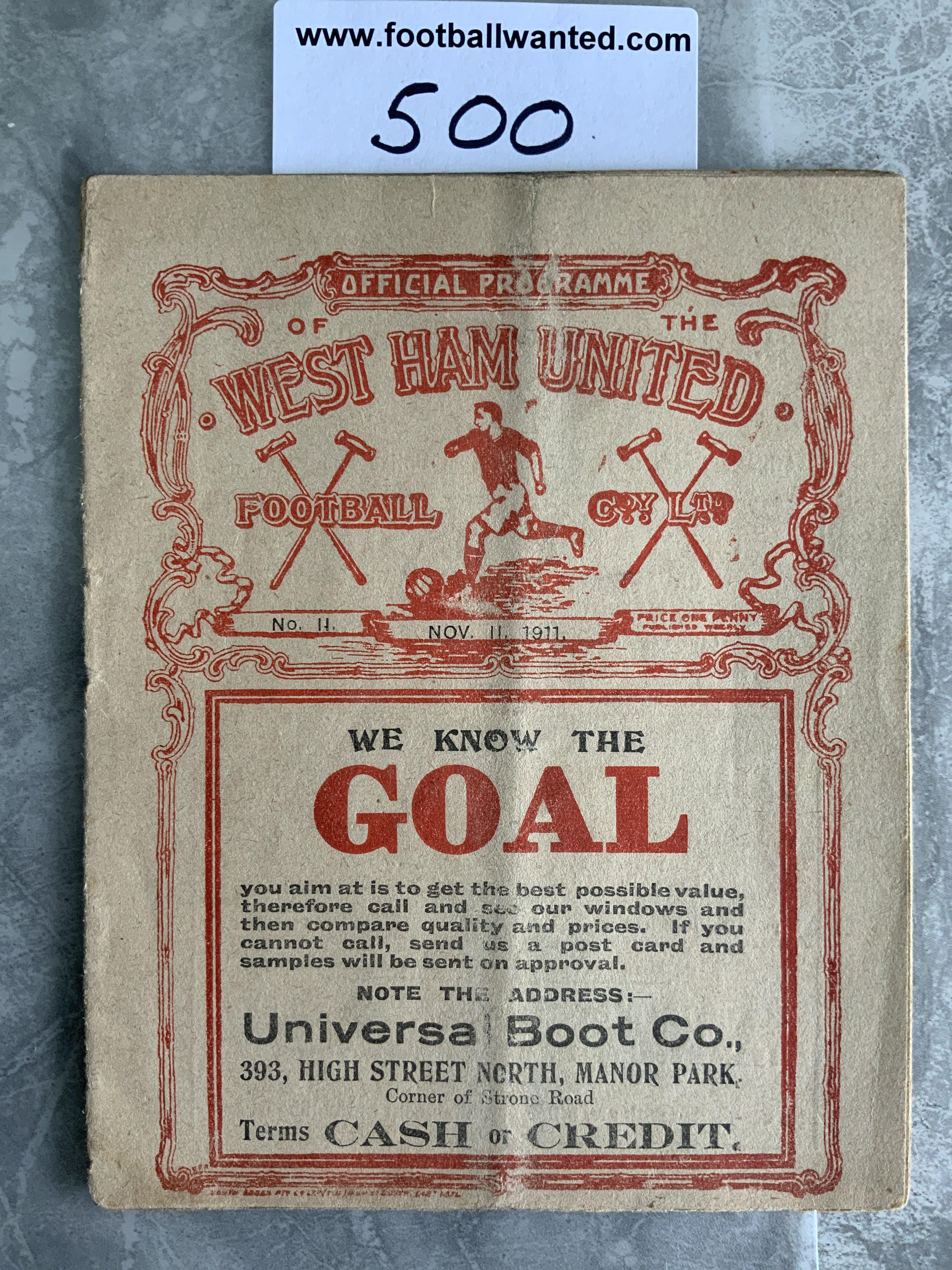 1911 - 1912 West Ham v Luton Football Programme: Excellent condition rare pre 1st World War programme with no team changes. Incredible date of 11 11 11 and programme number 11. Superb local adverts in this 16 pager.