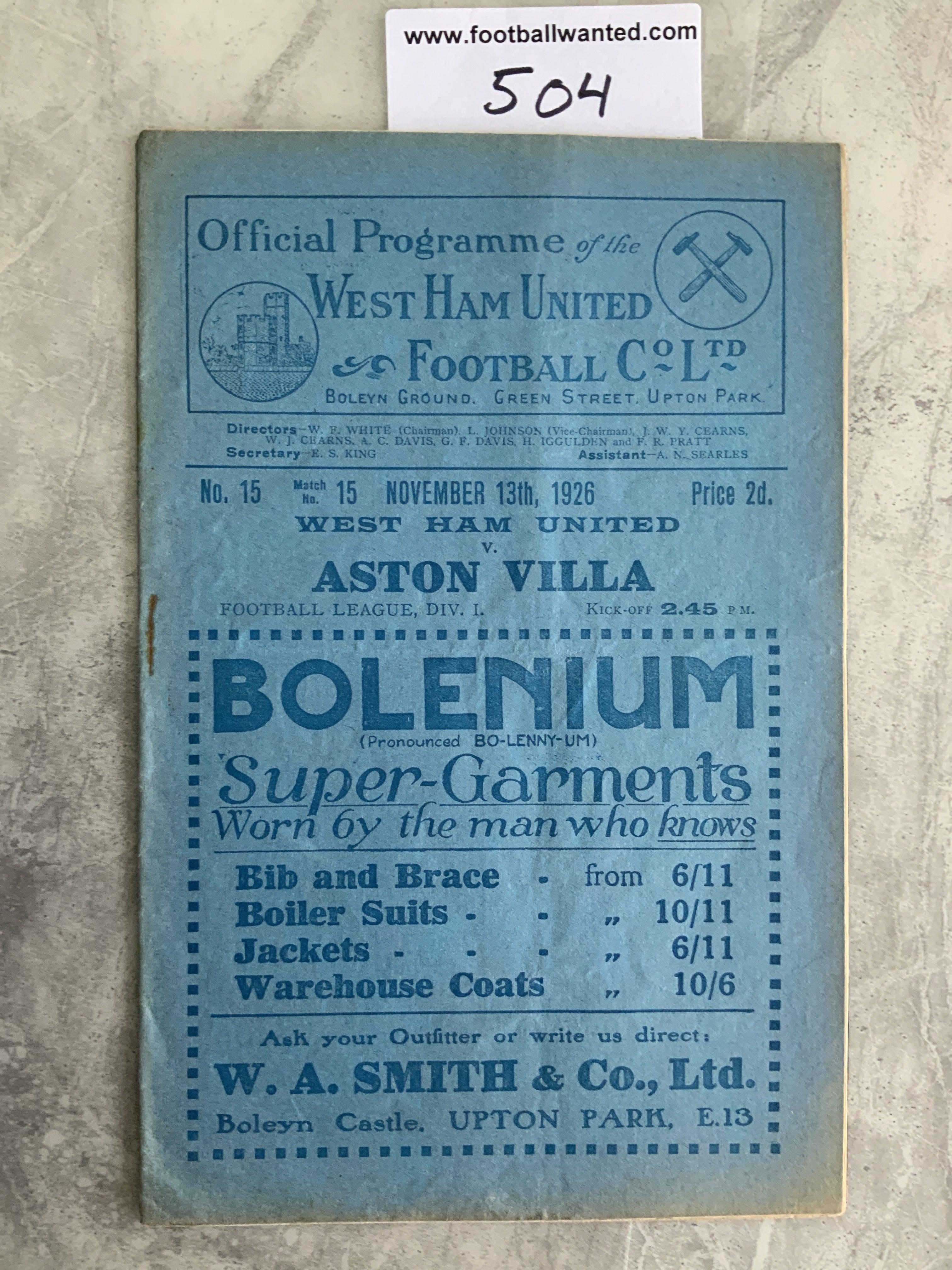 1926 - 1927 West Ham v Aston Villa Football Programme: Excellent condition division one programme with no team changes.