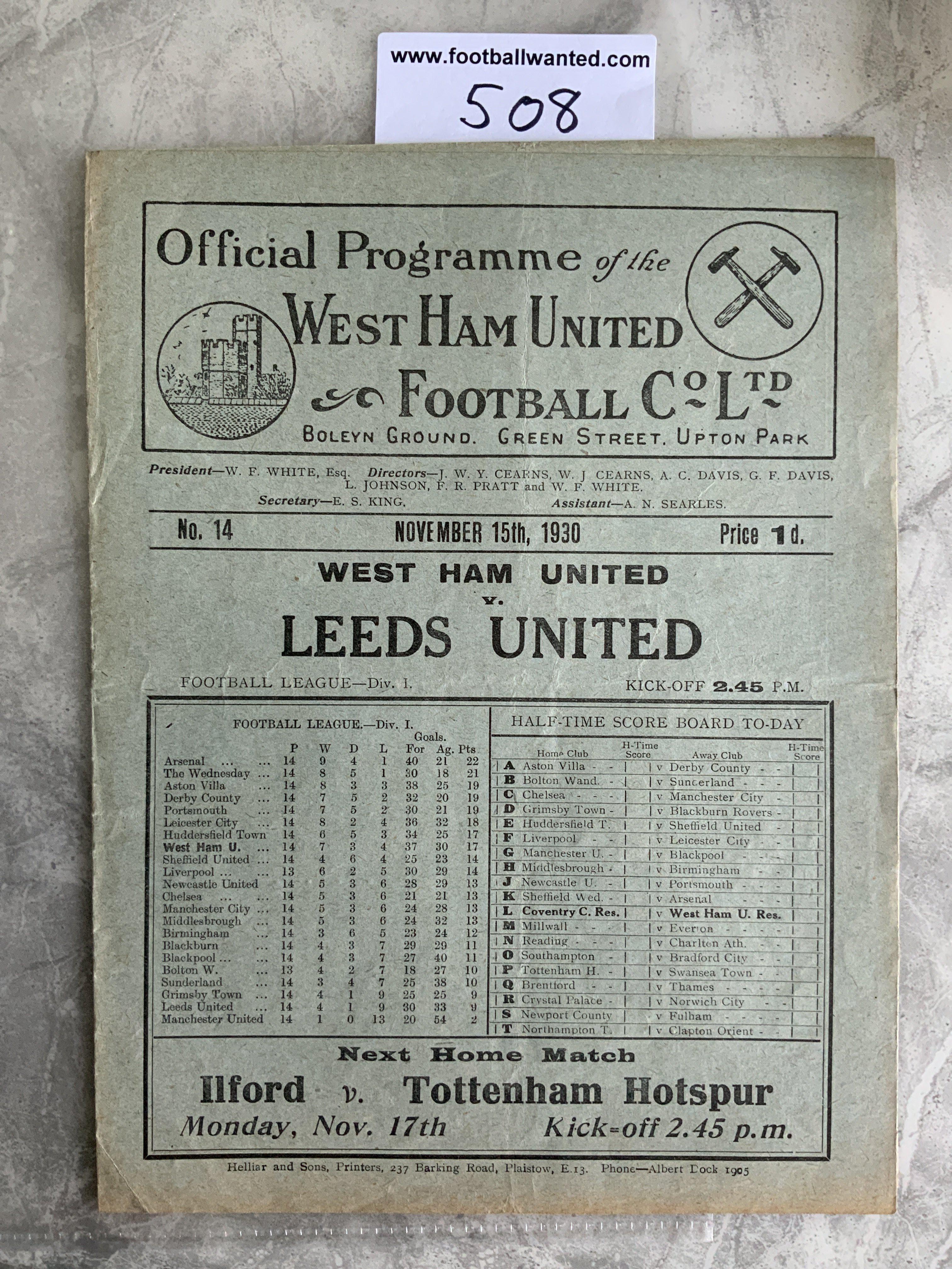 1930 - 1931 West Ham v Leeds Football Programme: Excellent condition division one programme with no team changes.