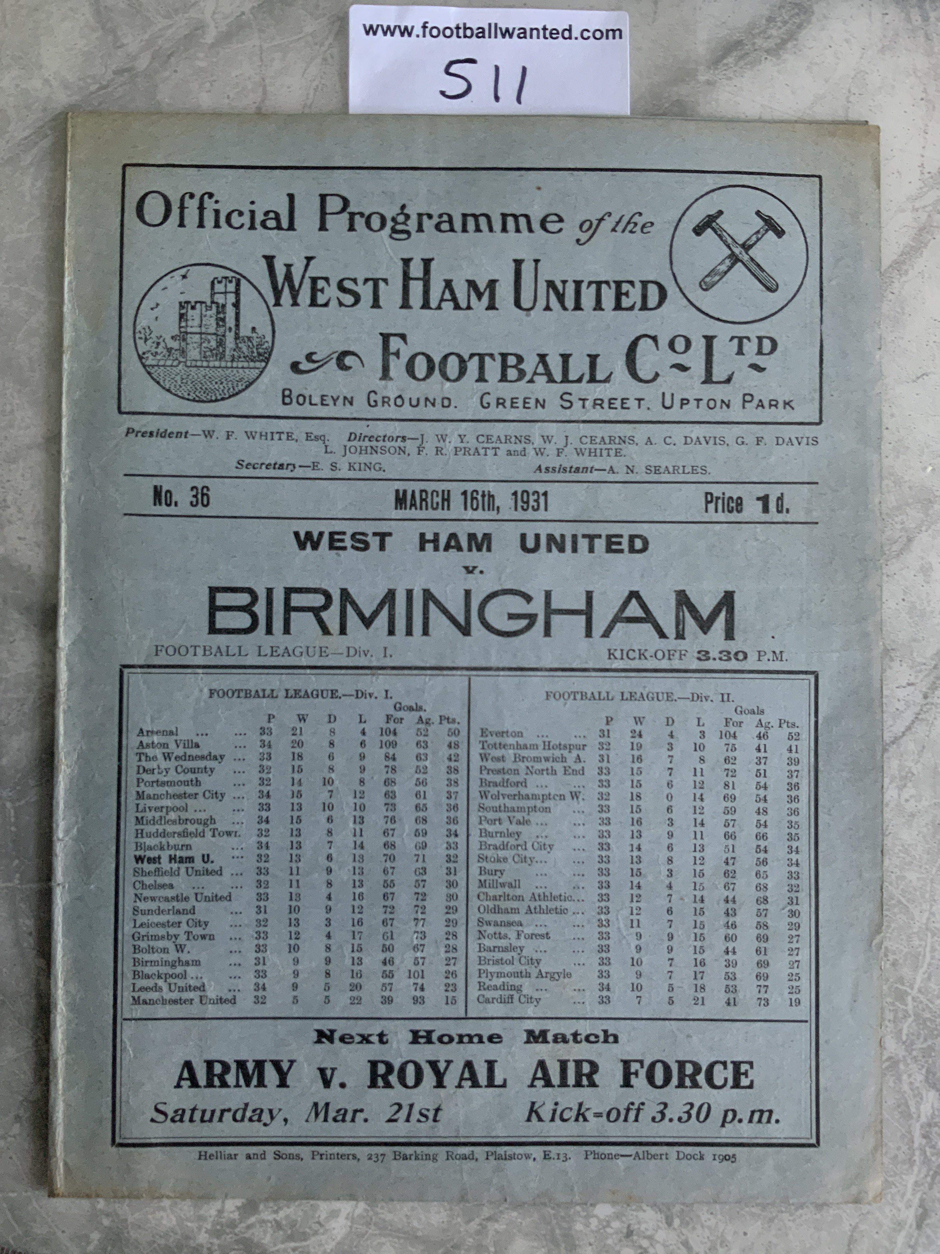 1930 - 1931 West Ham v Birmingham Football Programme: Very good condition division one programme with no team changes. Light fold.