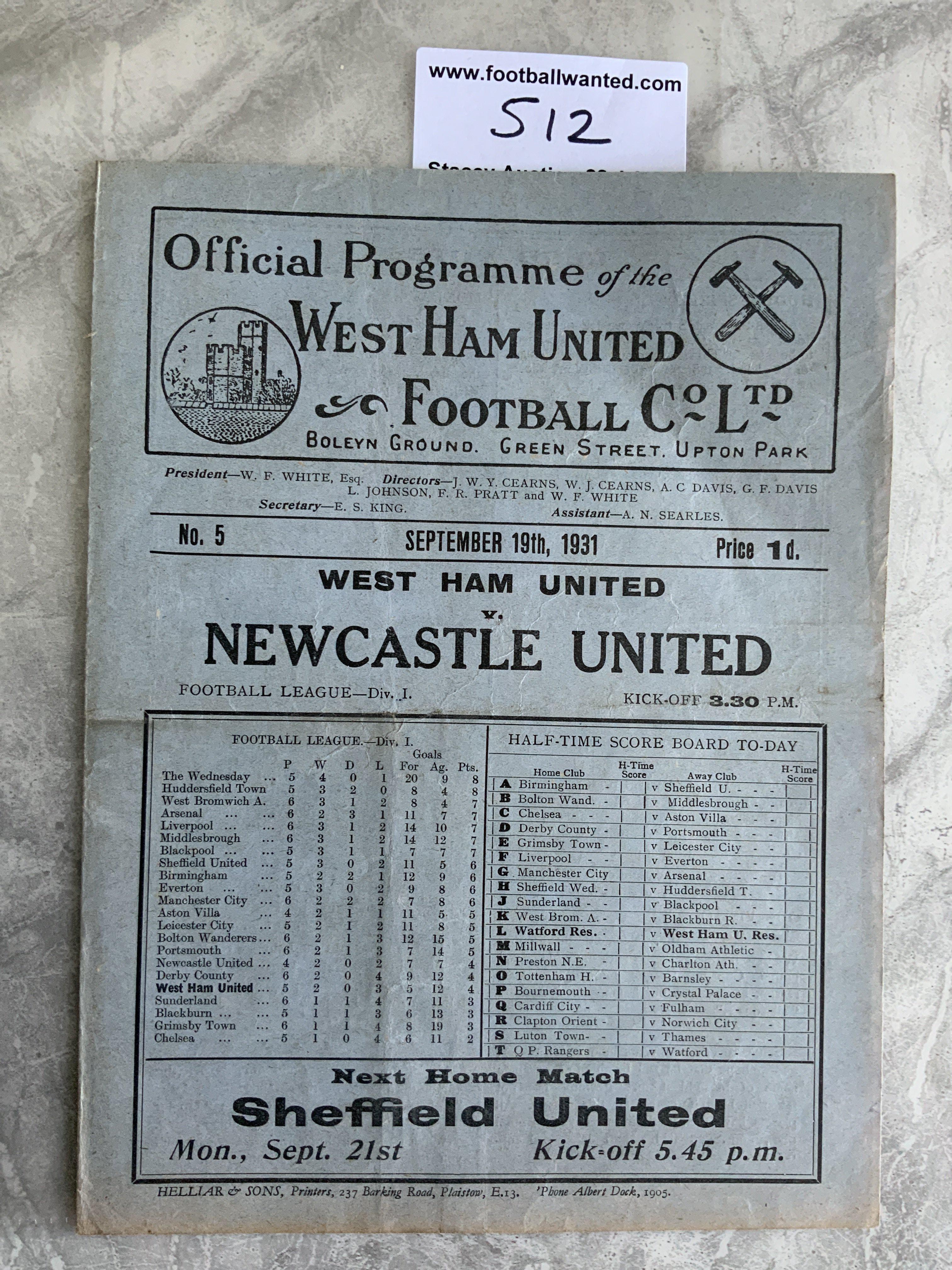 1931 - 1932 West Ham v Newcastle Football Programme: Excellent condition division one programme with no team changes.