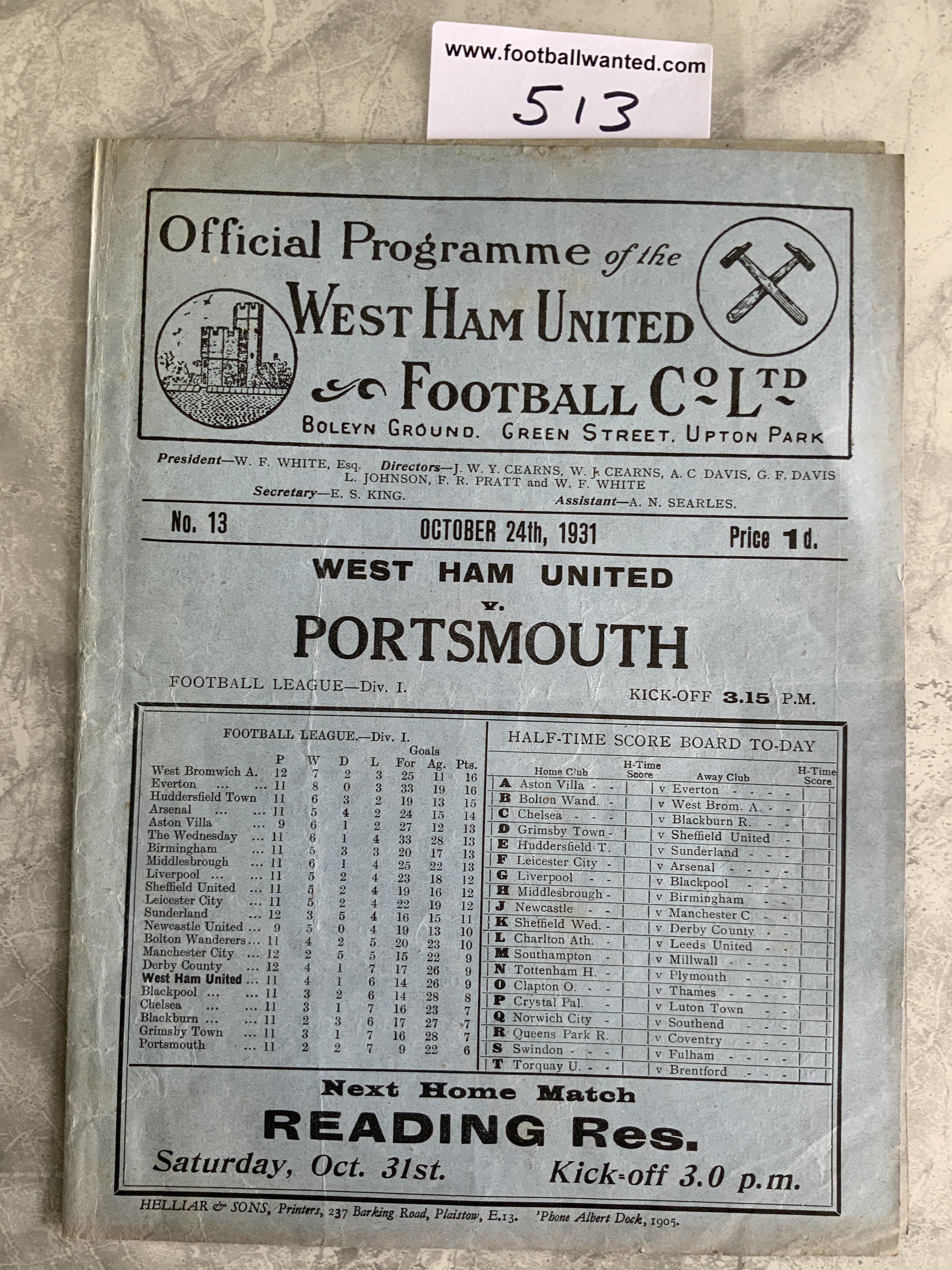 1931 - 1932 West Ham v Portsmouth Football Programme: Excellent condition division one programme with no team changes.