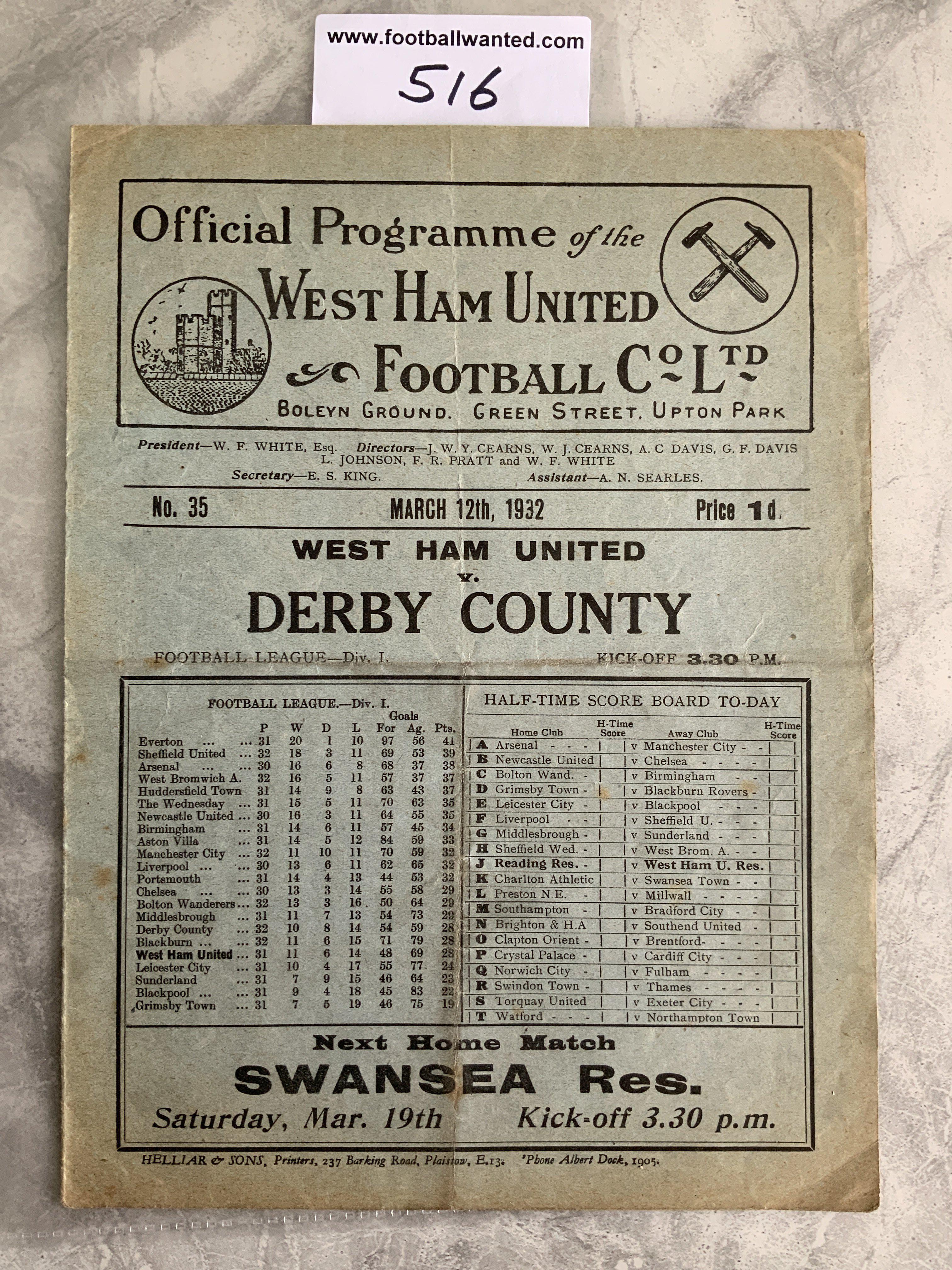 1931 - 1932 West Ham v Derby Football Programme: Good condition division one programme with no team changes. Light fold.