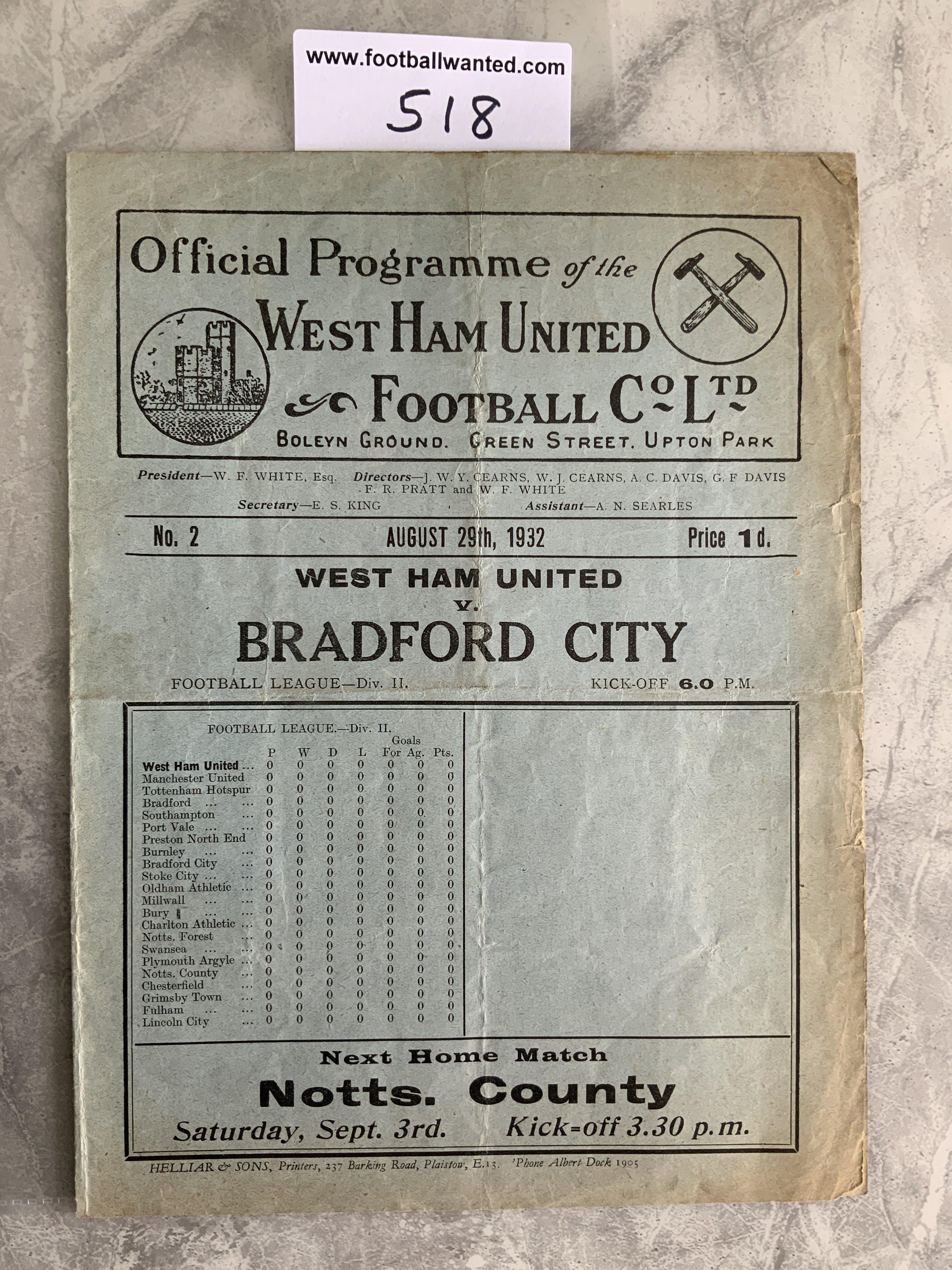 1932 - 1933 West Ham v Bradford City Football Programme: Fair/good condition division two programme with no team changes. Folding.