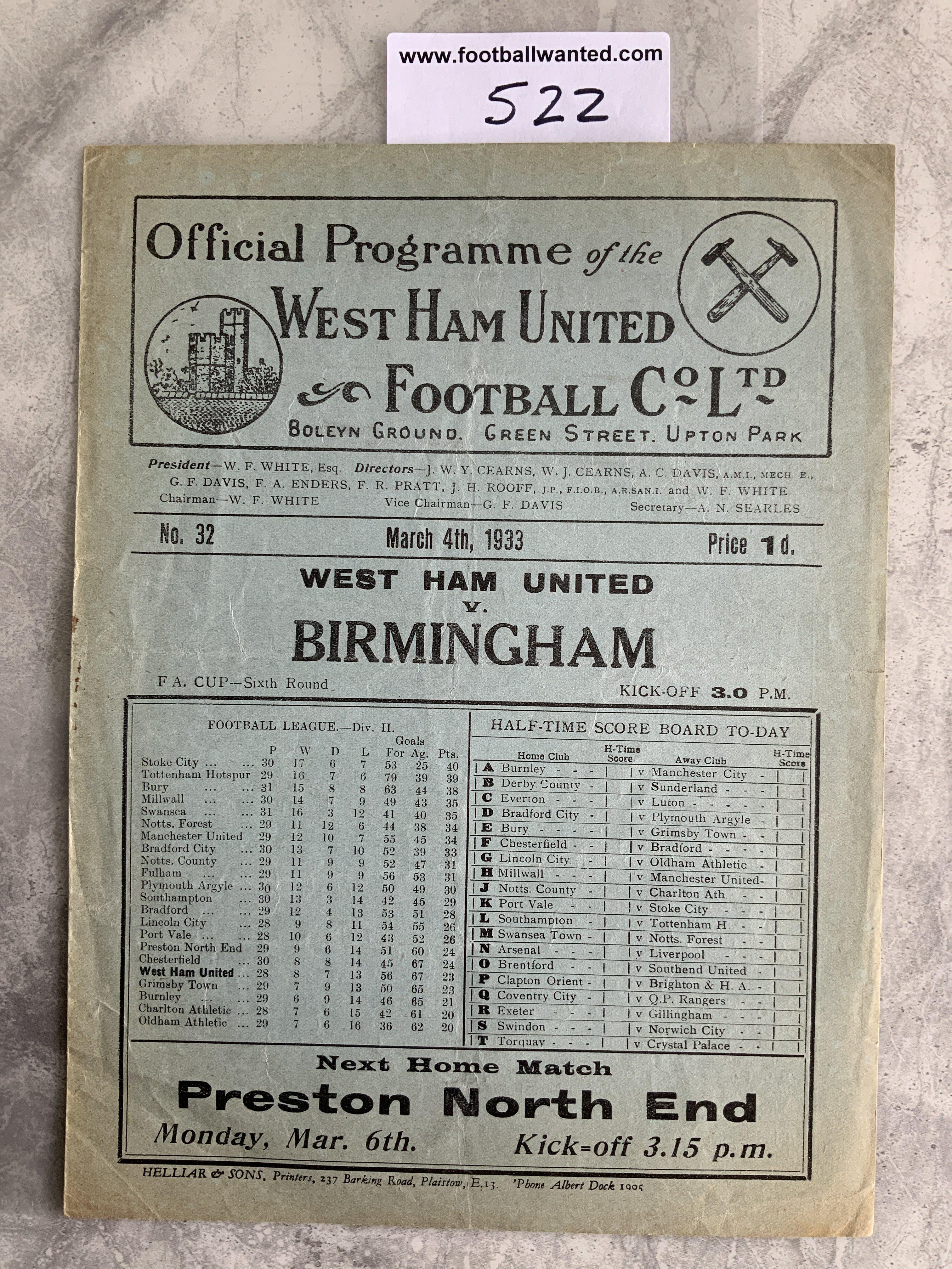 1932 - 1933 West Ham v Birmingham Football Programme: Very good condition FA Cup programme with no team changes.