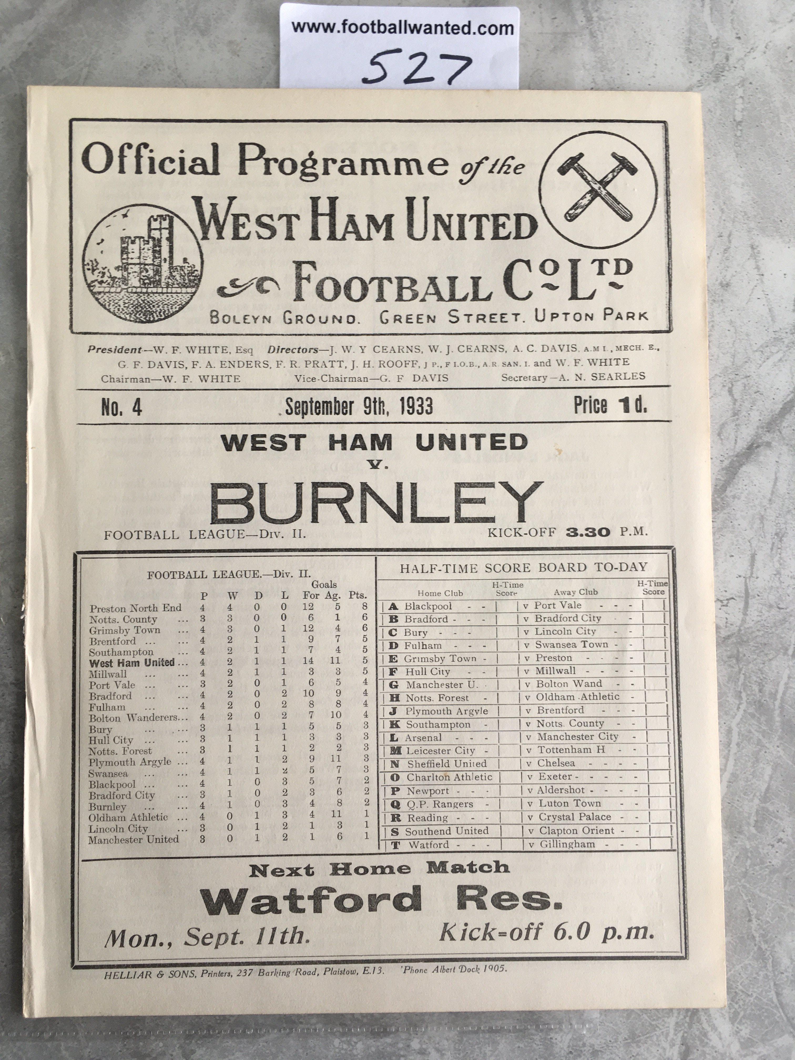 1933 - 1934 West Ham v Burnley Football Programme: Excellent condition ex bound white division two programme with no team changes.