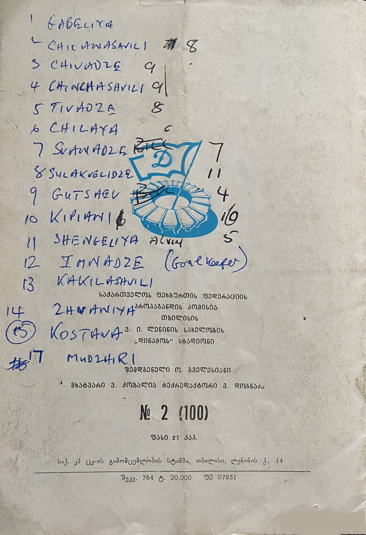 John Lyalls West Ham v Dynamo Tblisi Football Mementos: Lyall told his family there was no information on the visiting team in 1981 which was very unusual with no footage or player information. The away programme was his notes for his team talk with what West Ham players by number were marking the opposing team. This lot includes 3 home programmes all signed by Lyall plus a pennant given by Tblisi and a further pennant given to him by the Adjara hotel where the team stayed.