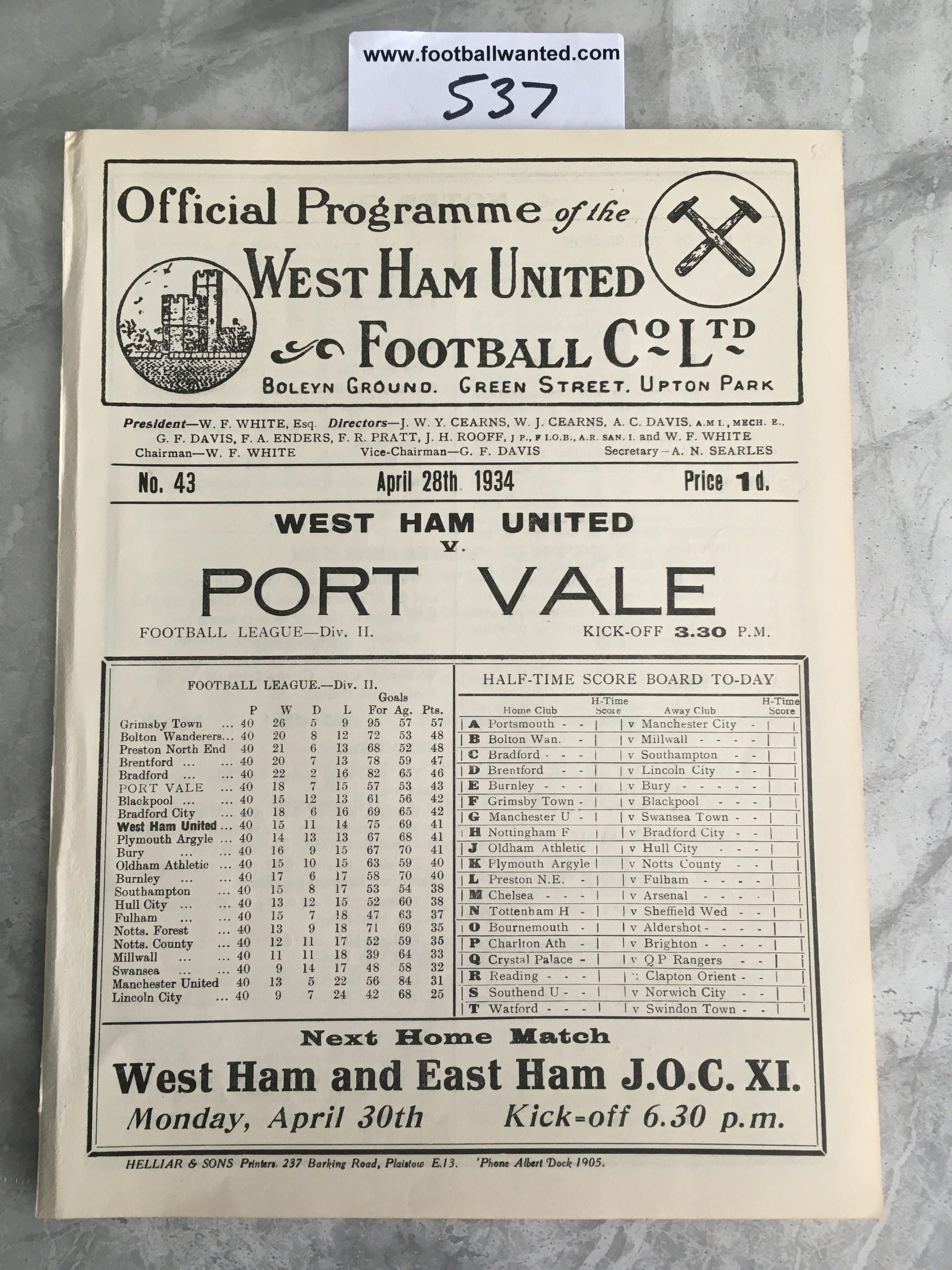 1933 - 1934 West Ham v Port Vale Football Programme: Excellent condition ex bound white division two programme with no team changes.
