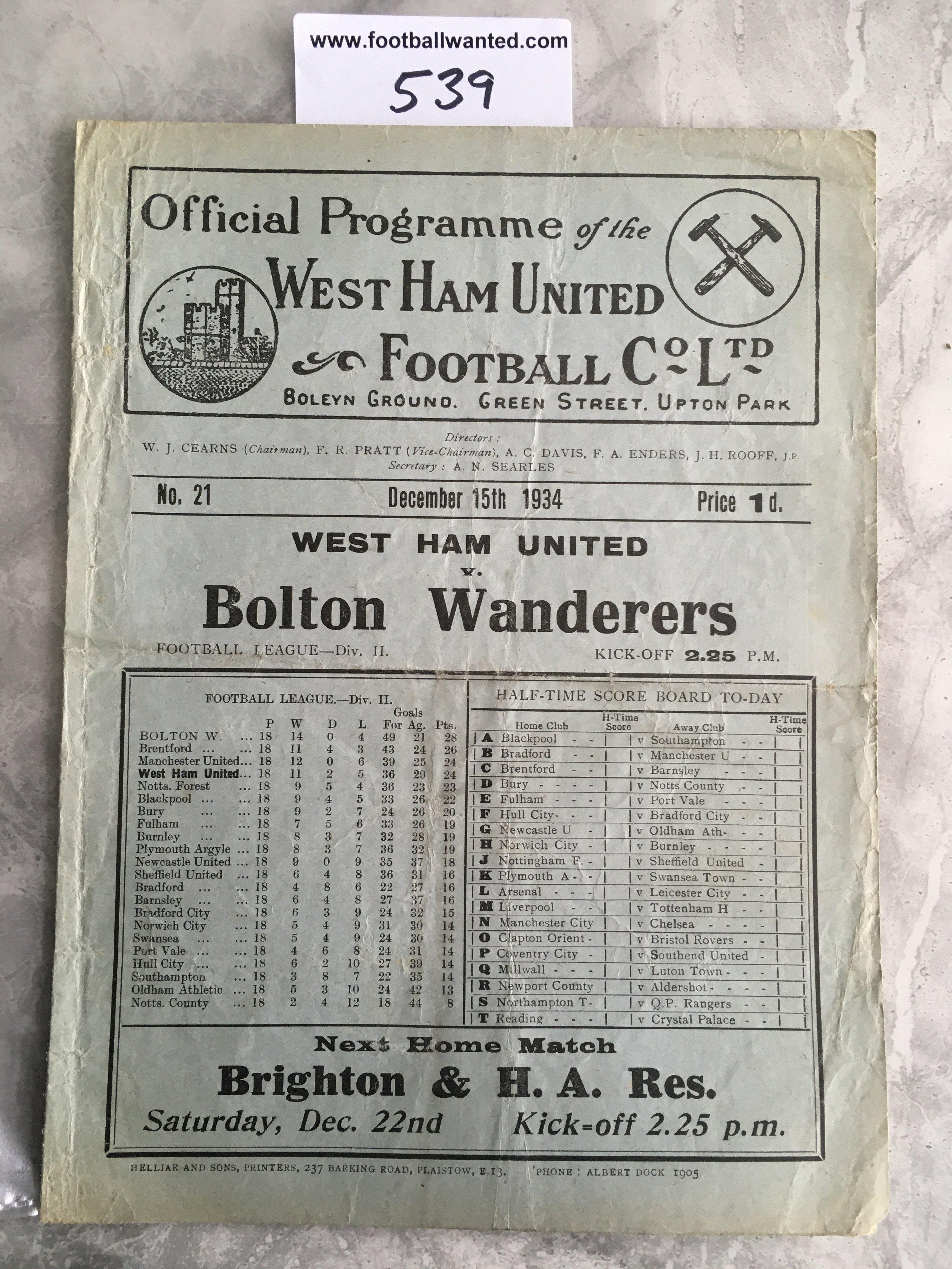 1934 - 1935 West Ham v Bolton Football Programme: Fair condition division two programme with no team changes. Creasing and folding.
