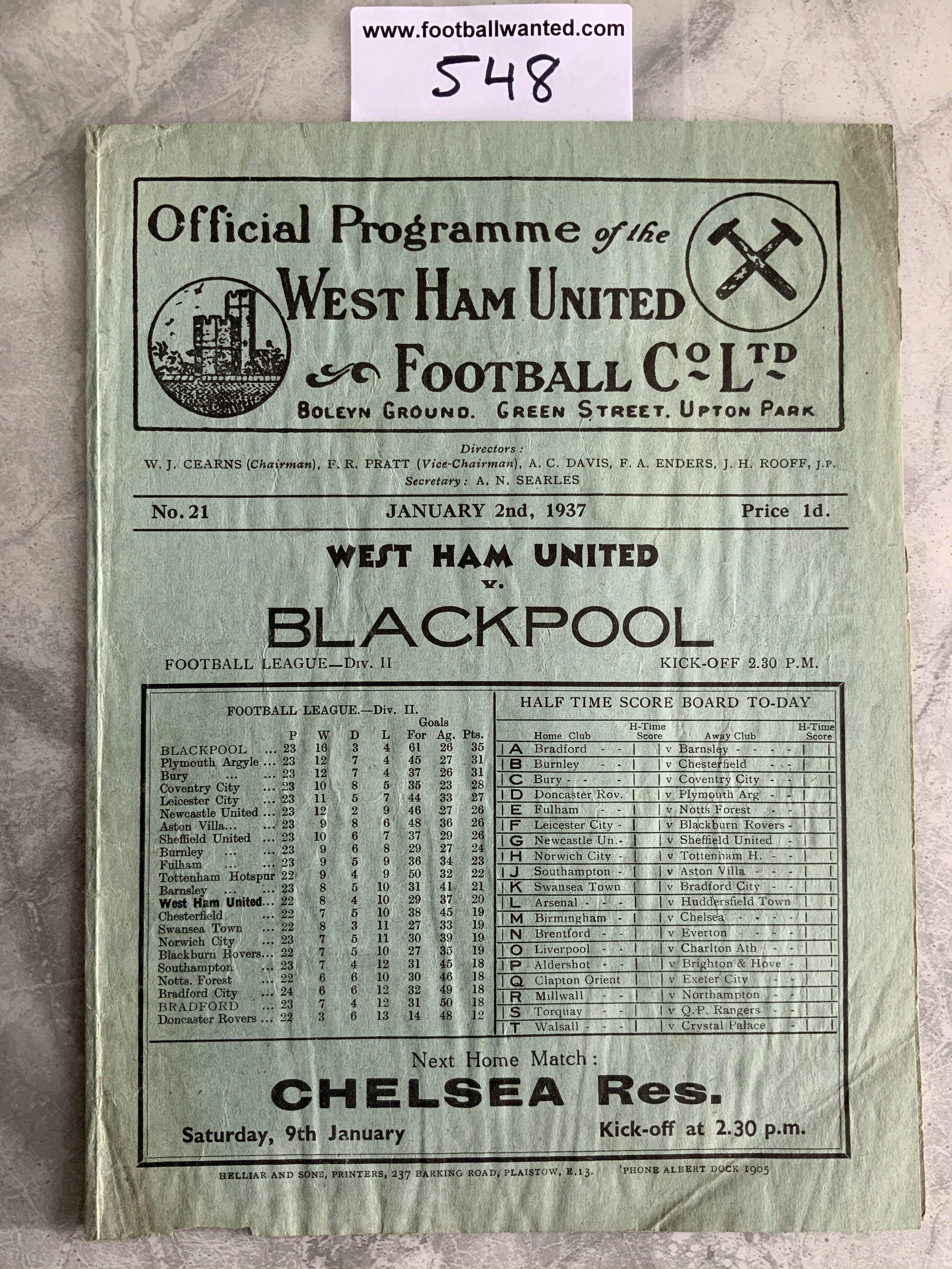 1936 - 1937 West Ham v Blackpool Football Programme: Fair/good condition division two programme with no team changes. Creasing.