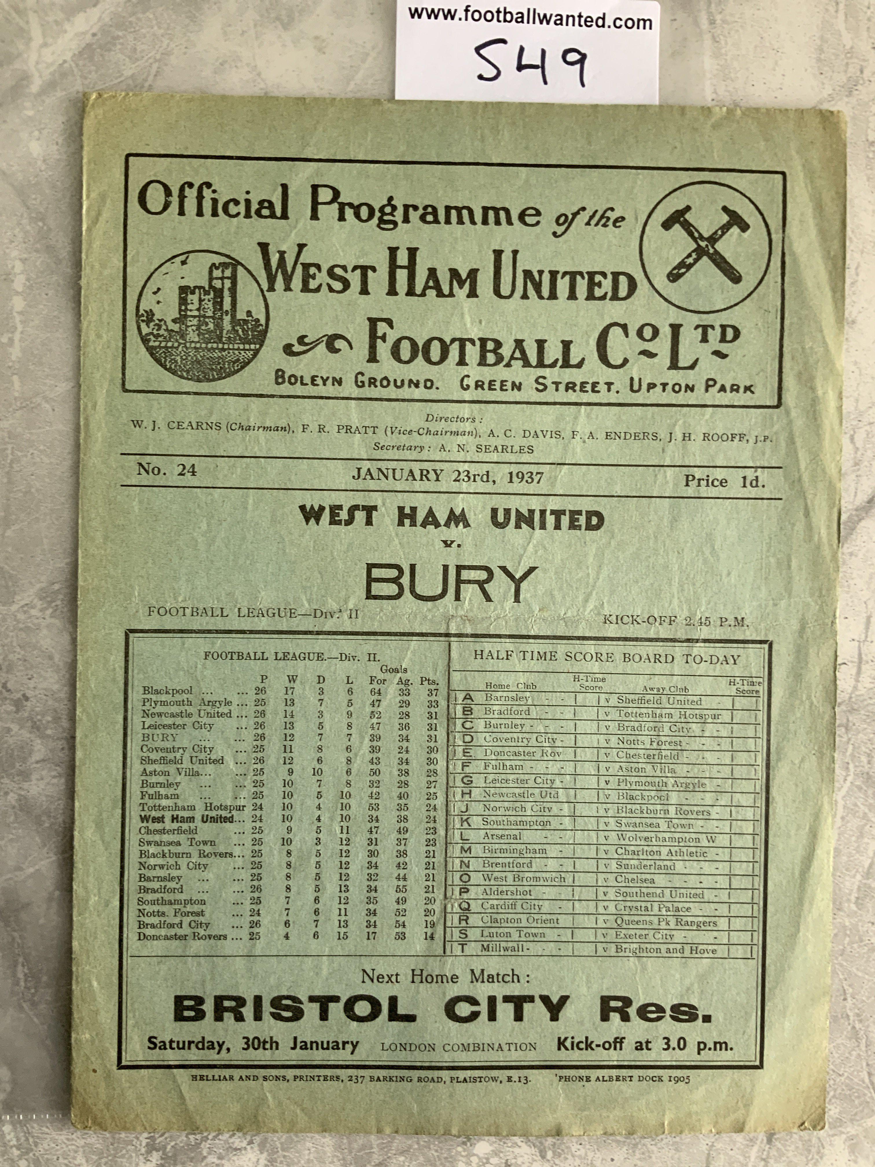 1936 - 1937 West Ham v Bury Football Programme: Good condition division two programme with no team changes.