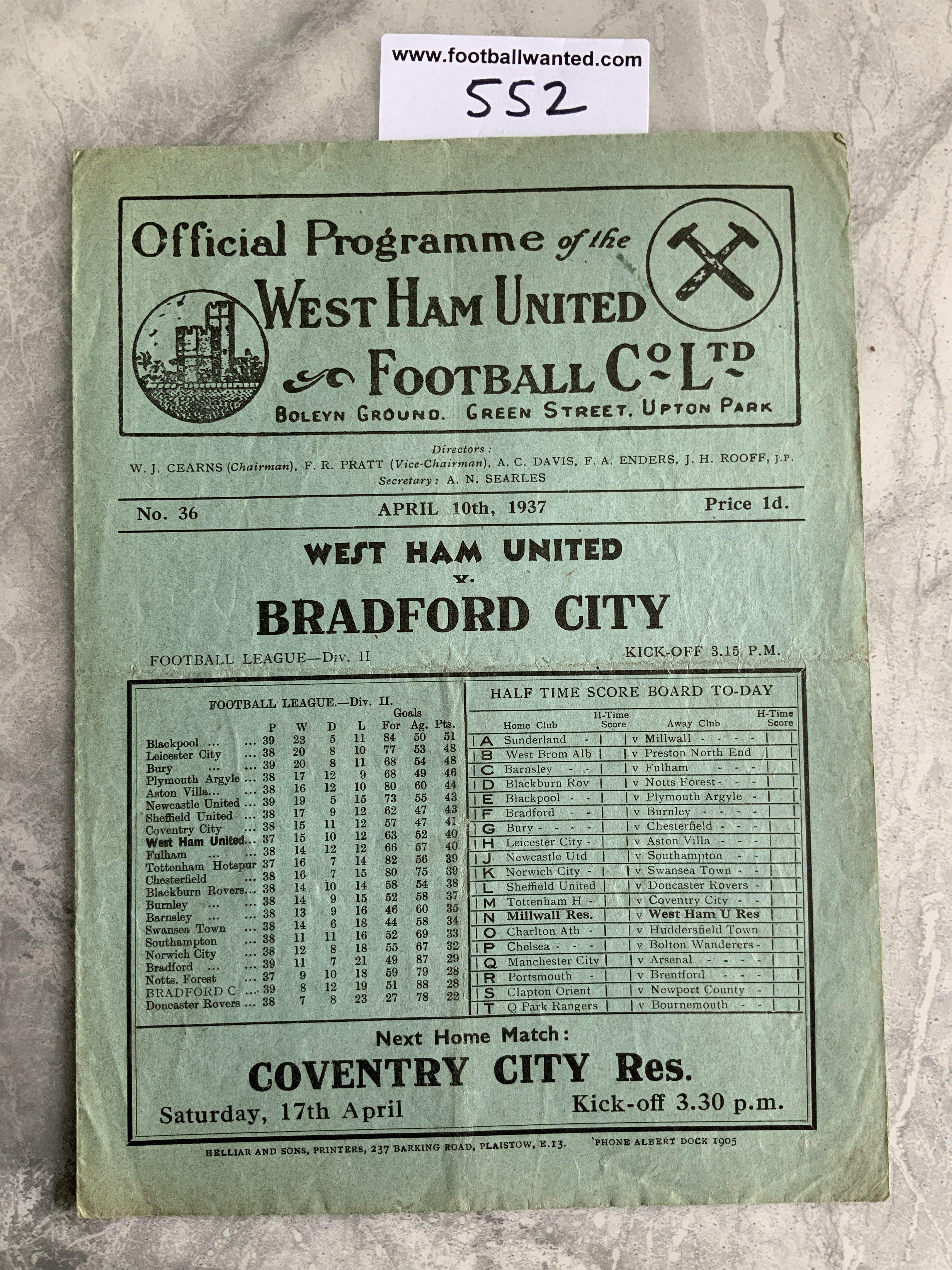 1936 - 1937 West Ham v Bradford City Football Programme: Good condition division two programme with no team changes.