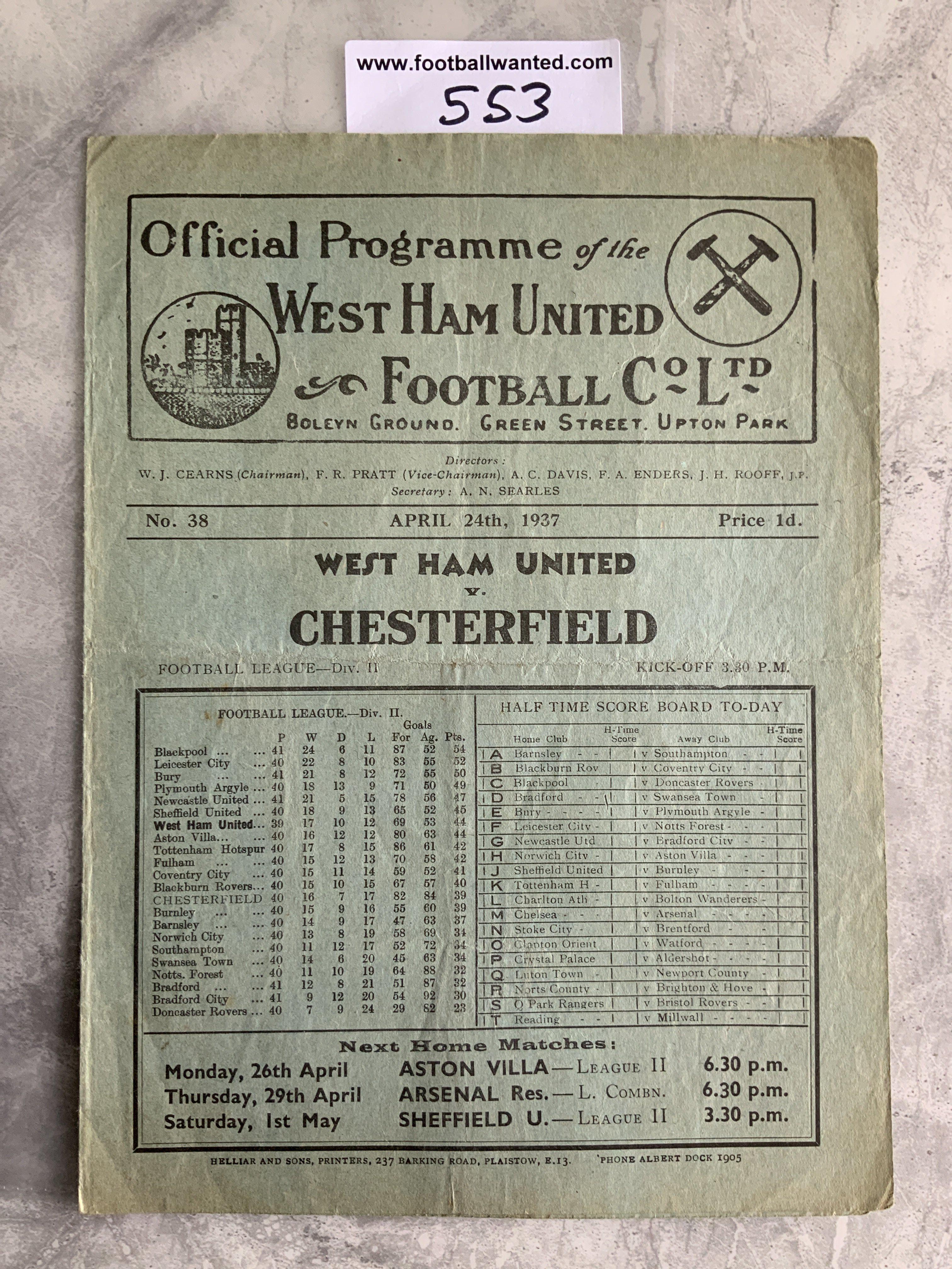 1936 - 1937 West Ham v Chesterfield Football Programme: Good condition division two programme with no team changes.