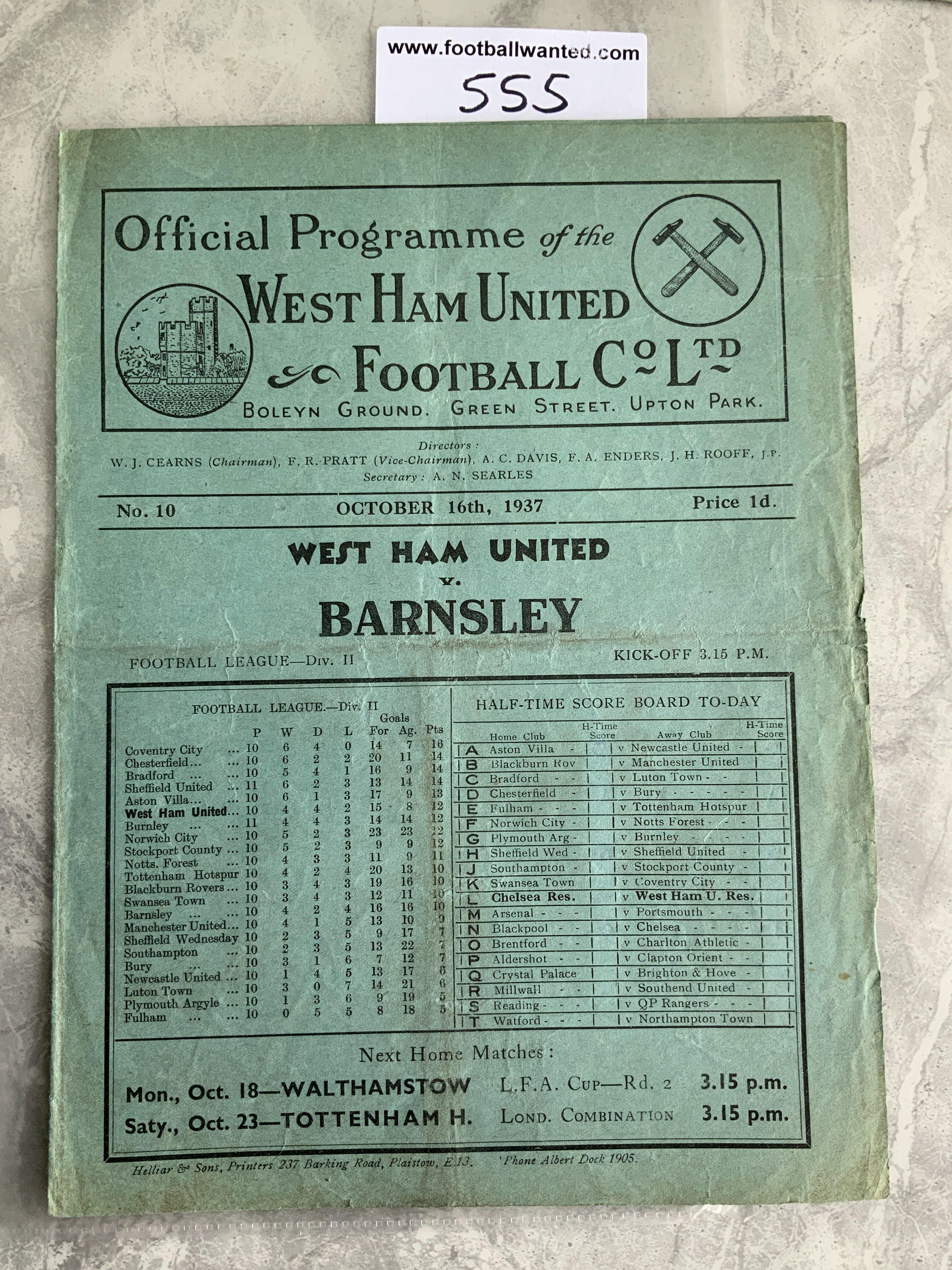1937 - 1938 West Ham v Barnsley Football Programme: Good condition division two programme with no team changes.