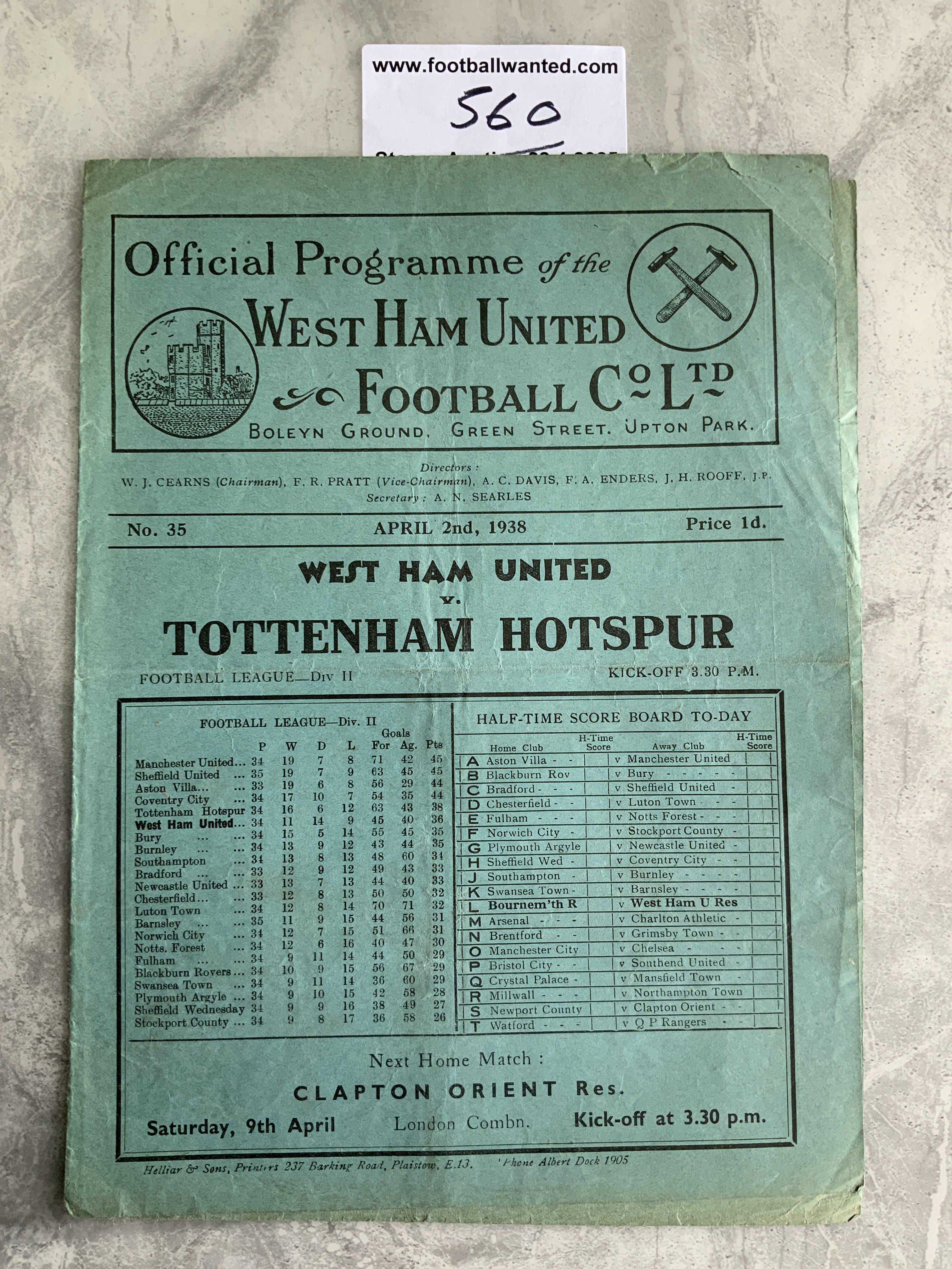 1937 - 1938 West Ham v Tottenham Football Programme: Good condition division two programme with no team changes.