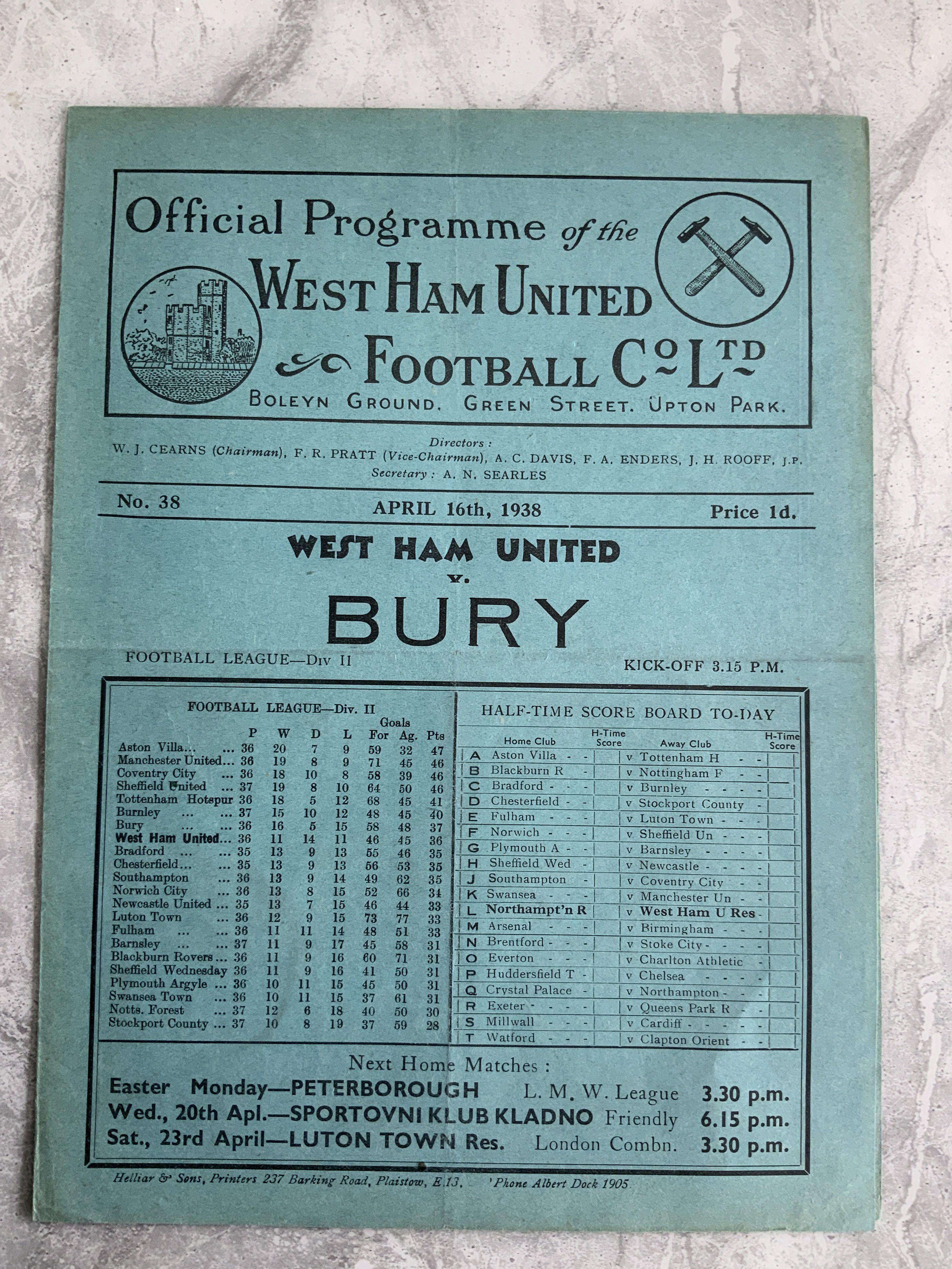 1937 - 1938 West Ham v Bury Football Programme: Excellent condition division two programme with no team changes.