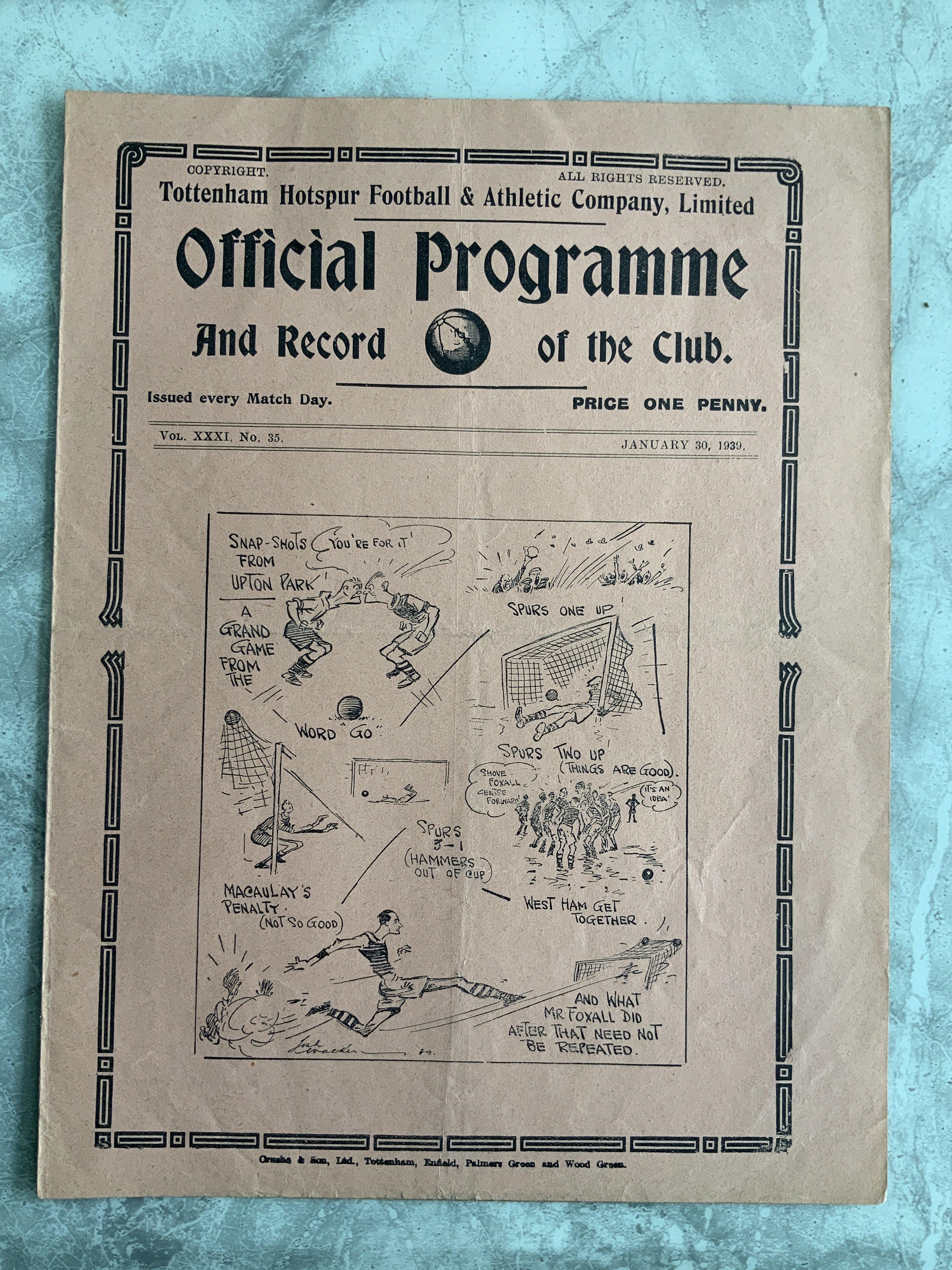 1938 - 1939 Tottenham v West Ham Football Programme: Good condition FA Cup replay programme with no team changes.