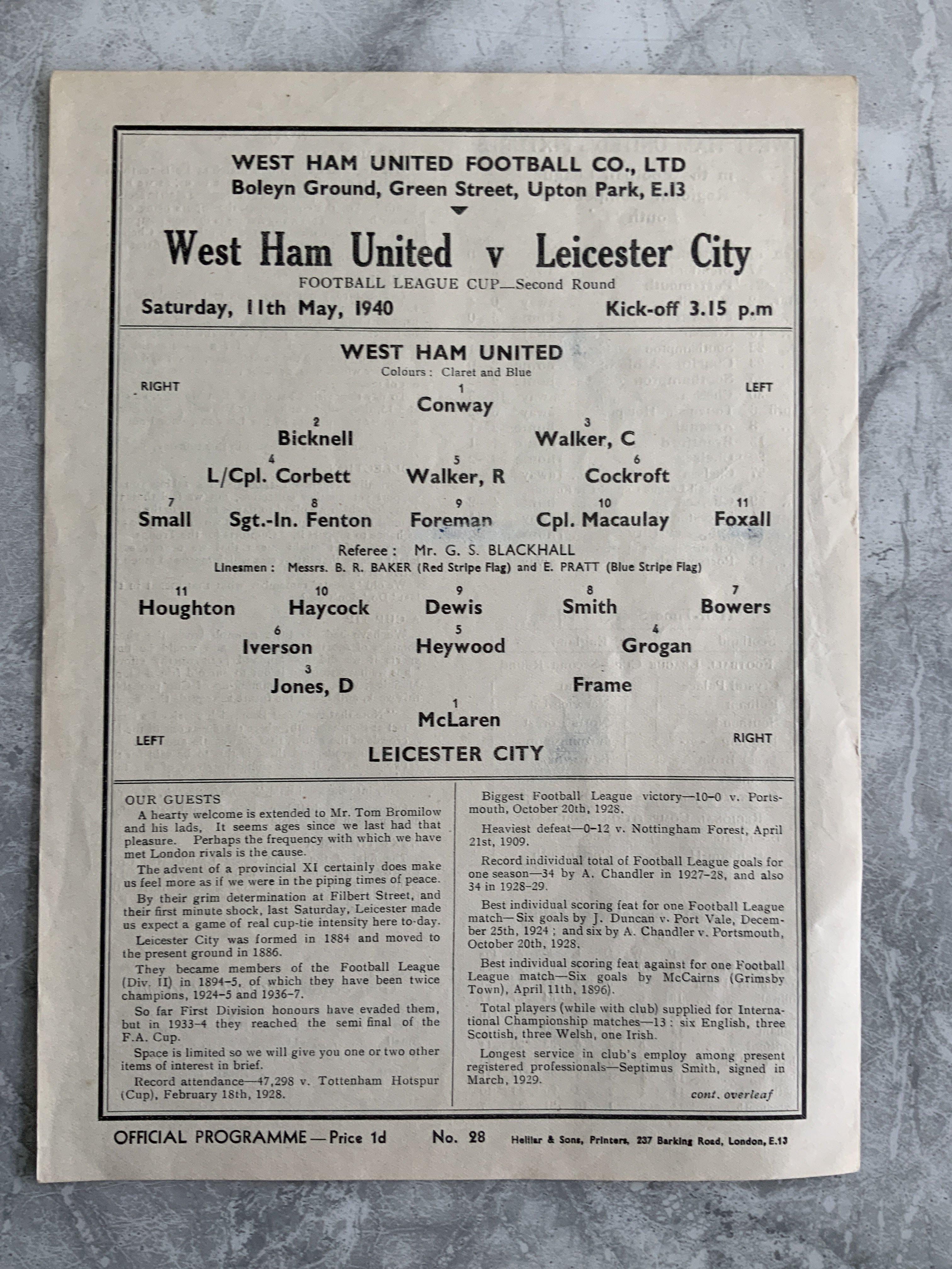 1939 - 1940 West Ham v Leicester City Football Programme: Excellent condition cup single sheet programme with no team changes. Dated 11 5 1940. West Ham went on to win the cup.
