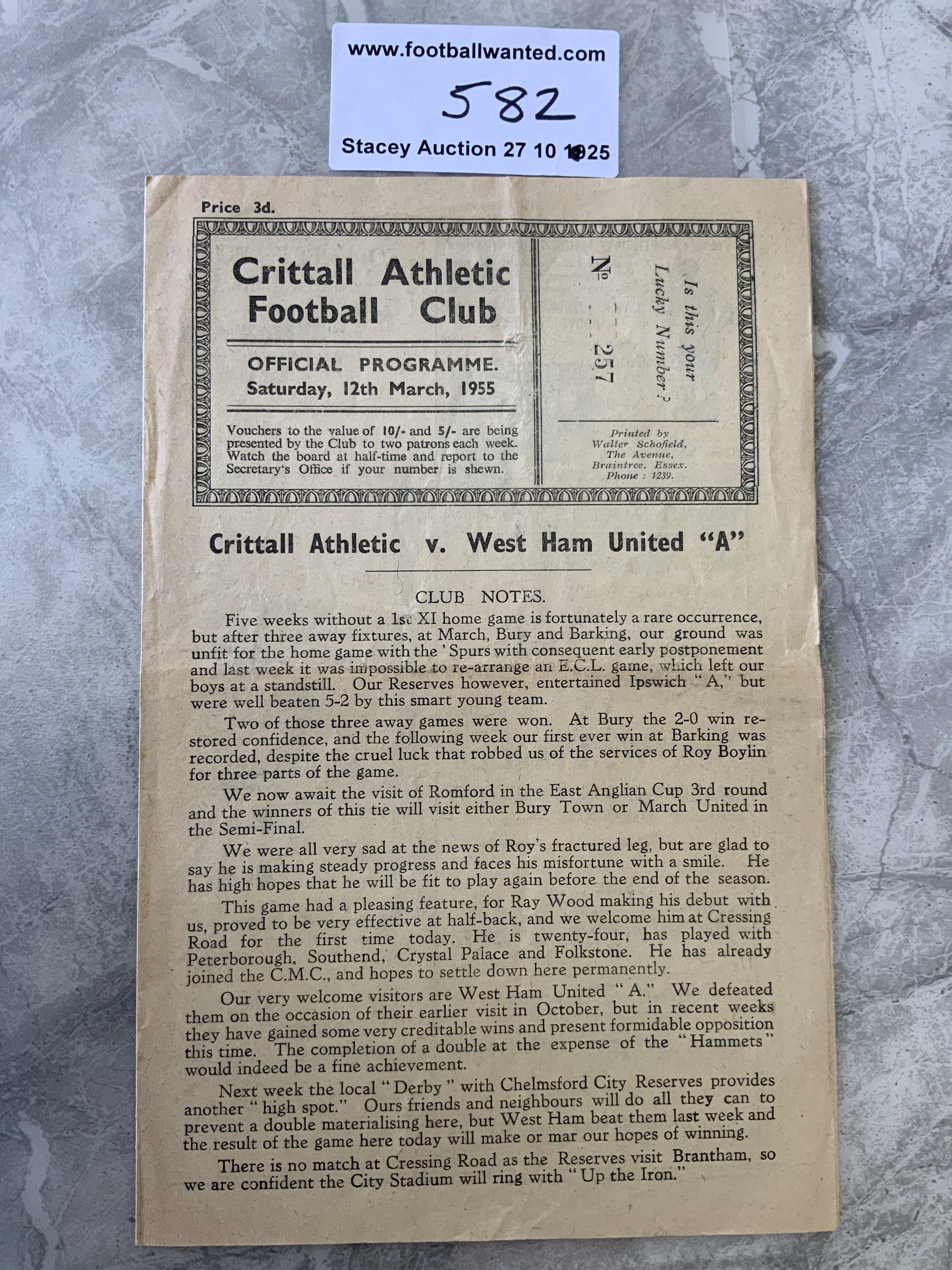54/55 Crittall v West Ham A Football Programme: Eastern Counties League match with team changes dated 12 3 1955. Very good.