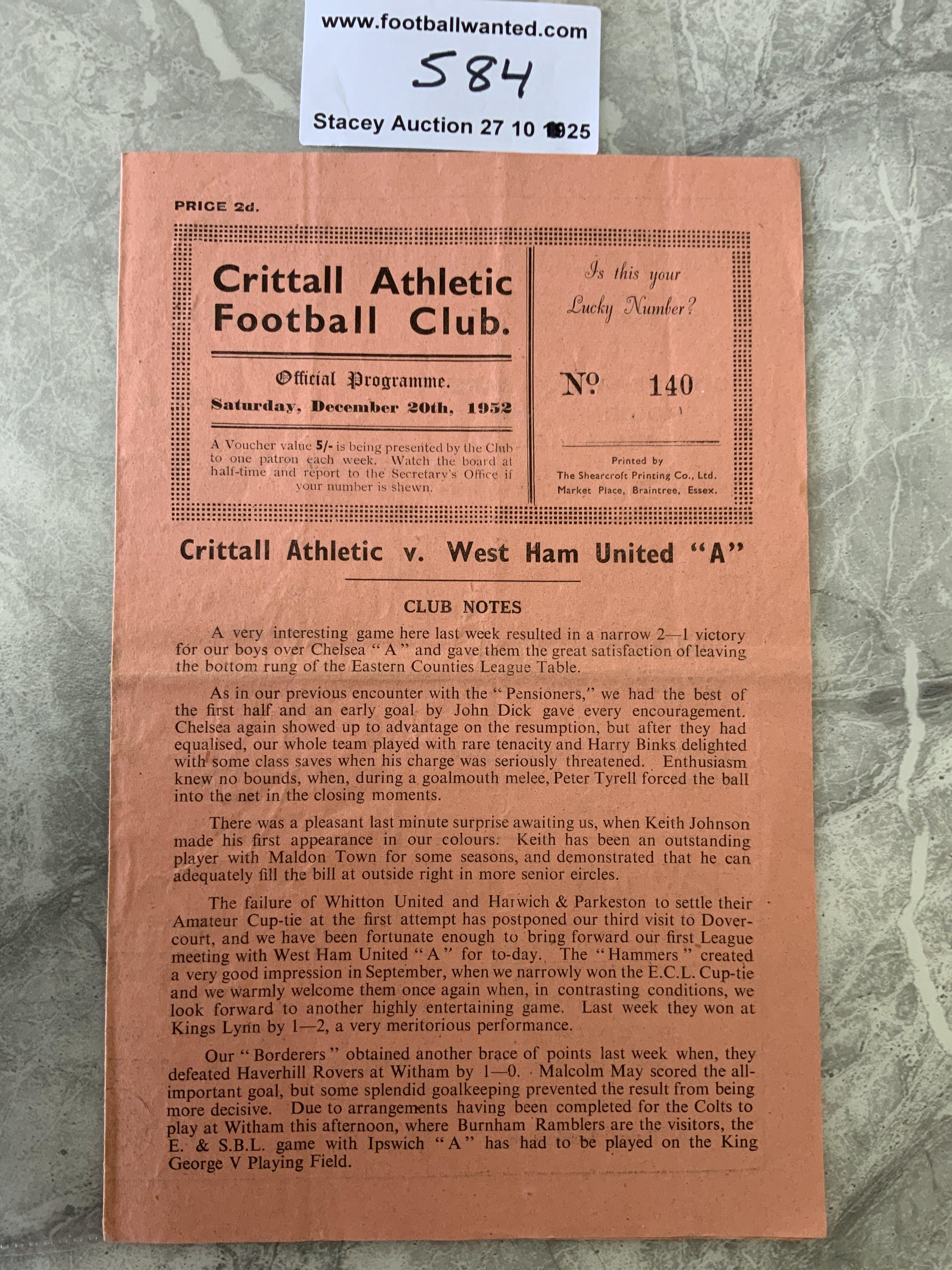 52/53 Crittall v West Ham A Football Programme: Eastern Counties League match with team changes dated 20 12 1952. Very good with folding.