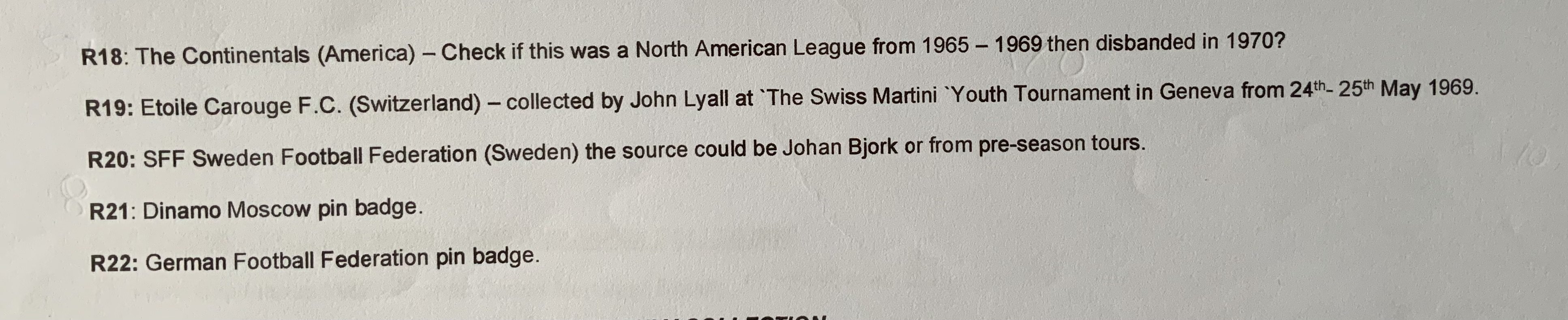 John Lyalls Football Career Pin Badges: Lyall was handed these badges by opponents mainly and include Beiter Jerusalem of Israel who they played in the mid 70s. The family have listed the badges and they have guessed in some cases where they were obtained (see online pictures). (22)