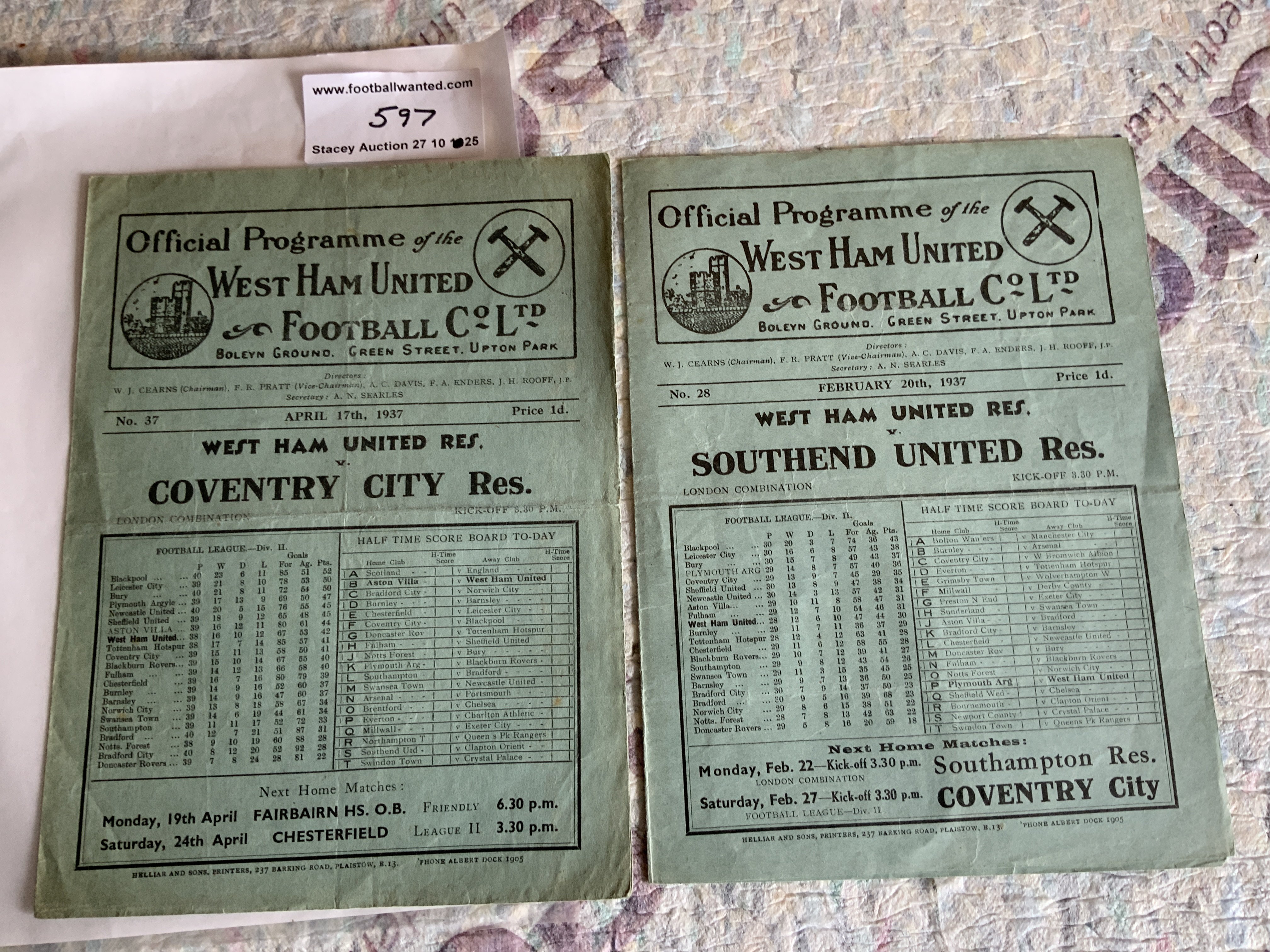 36/37 West Ham Home Reserve Football Programmes: London Combination matches v Southend and Coventry In good condition with no team changes. (2)